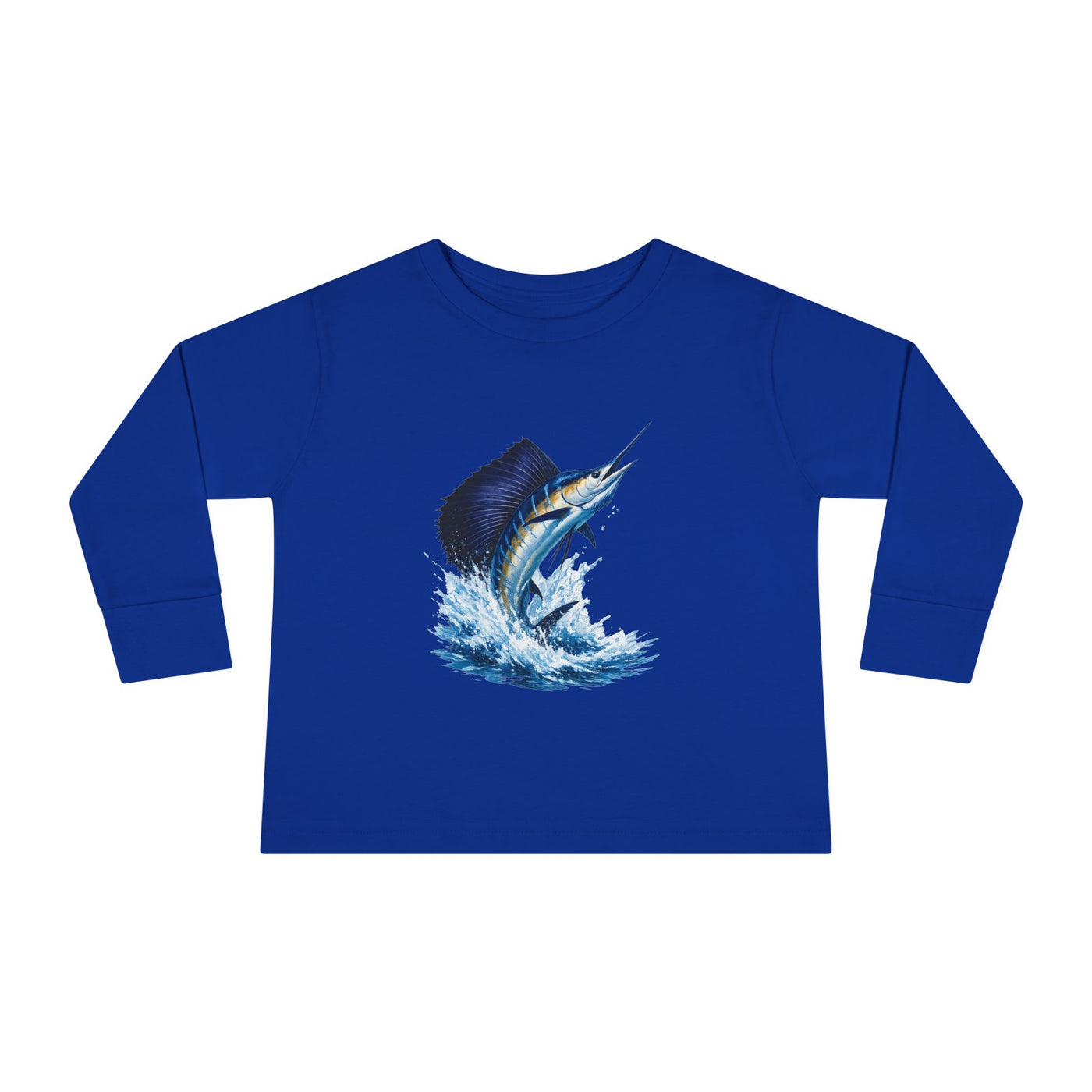 Toddler Long Sleeve Tee — Blue Marlin Jumping Graphic Kids Shirt (Fishing, Ocean, Nautical)