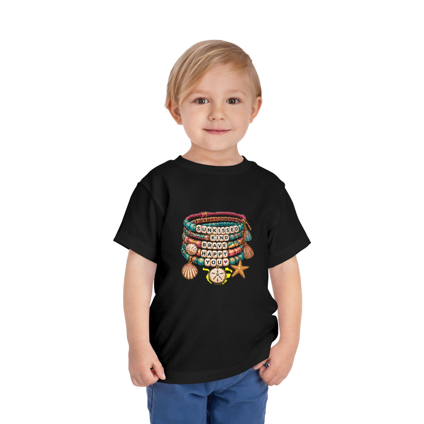 Toddler Tee — 'Sunkissed, Kind, Brave, Happy' Seashell Bracelet Graphic