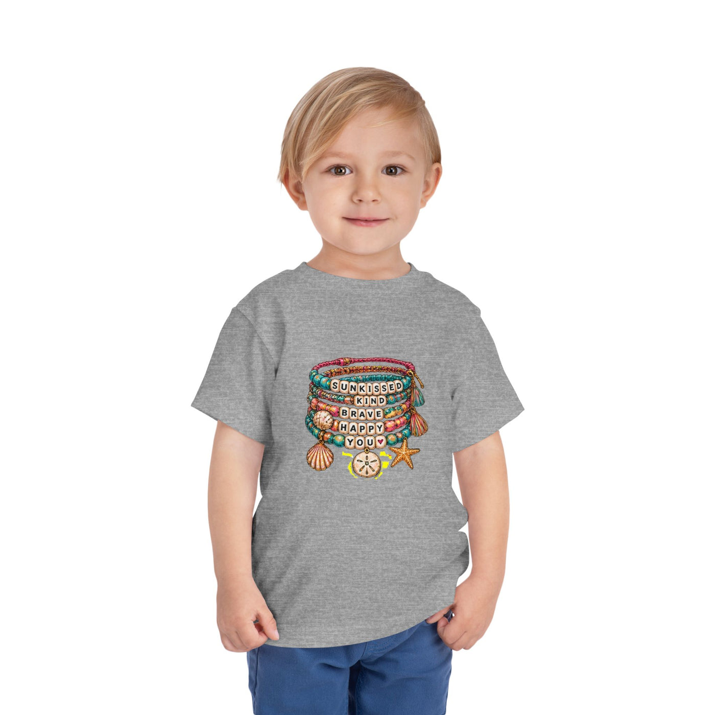 Toddler Tee — 'Sunkissed, Kind, Brave, Happy' Seashell Bracelet Graphic