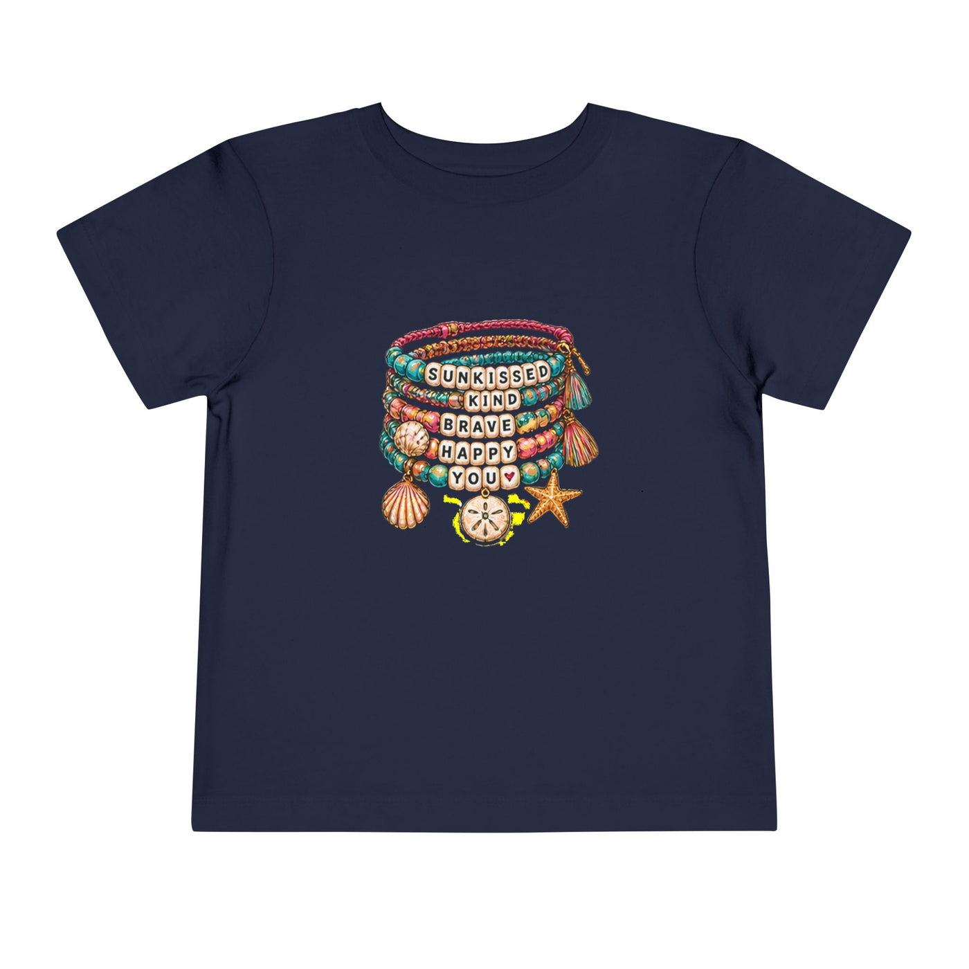 Toddler Tee — 'Sunkissed, Kind, Brave, Happy' Seashell Bracelet Graphic