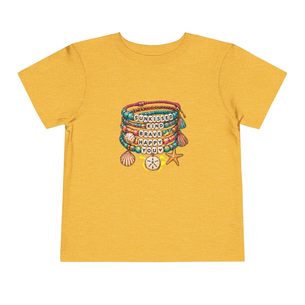 Toddler Tee — 'Sunkissed, Kind, Brave, Happy' Seashell Bracelet Graphic