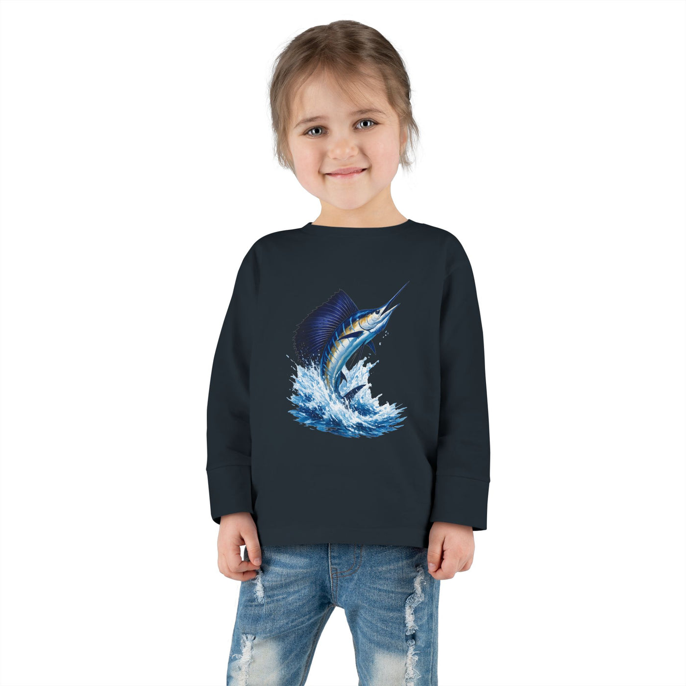 Toddler Long Sleeve Tee — Blue Marlin Jumping Graphic Kids Shirt (Fishing, Ocean, Nautical)