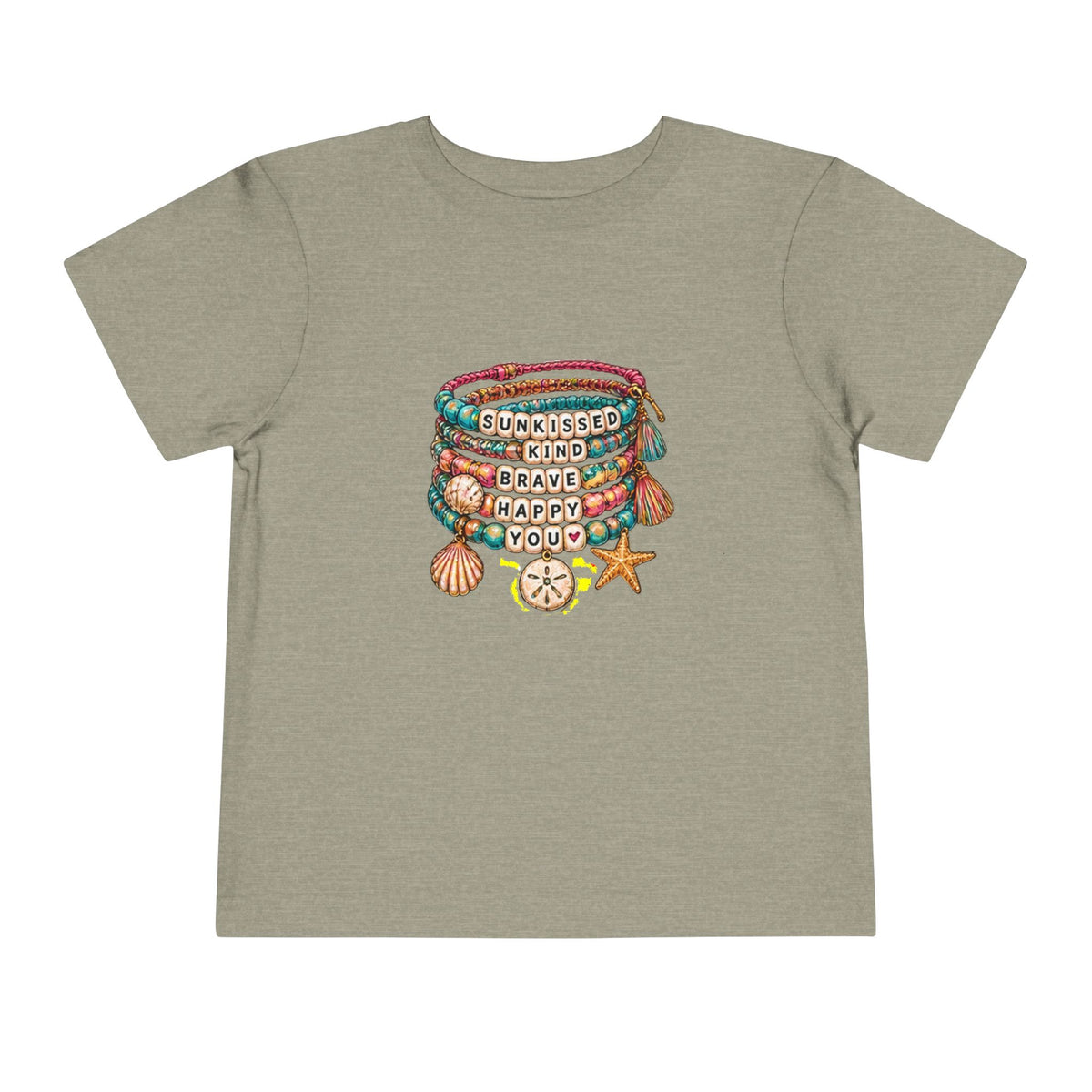 Toddler Tee — 'Sunkissed, Kind, Brave, Happy' Seashell Bracelet Graphic