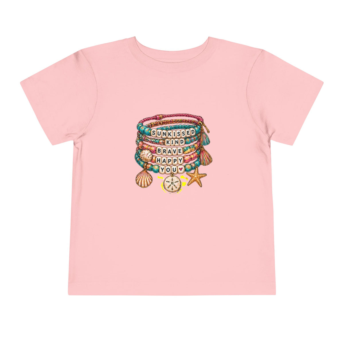 Toddler Tee — 'Sunkissed, Kind, Brave, Happy' Seashell Bracelet Graphic