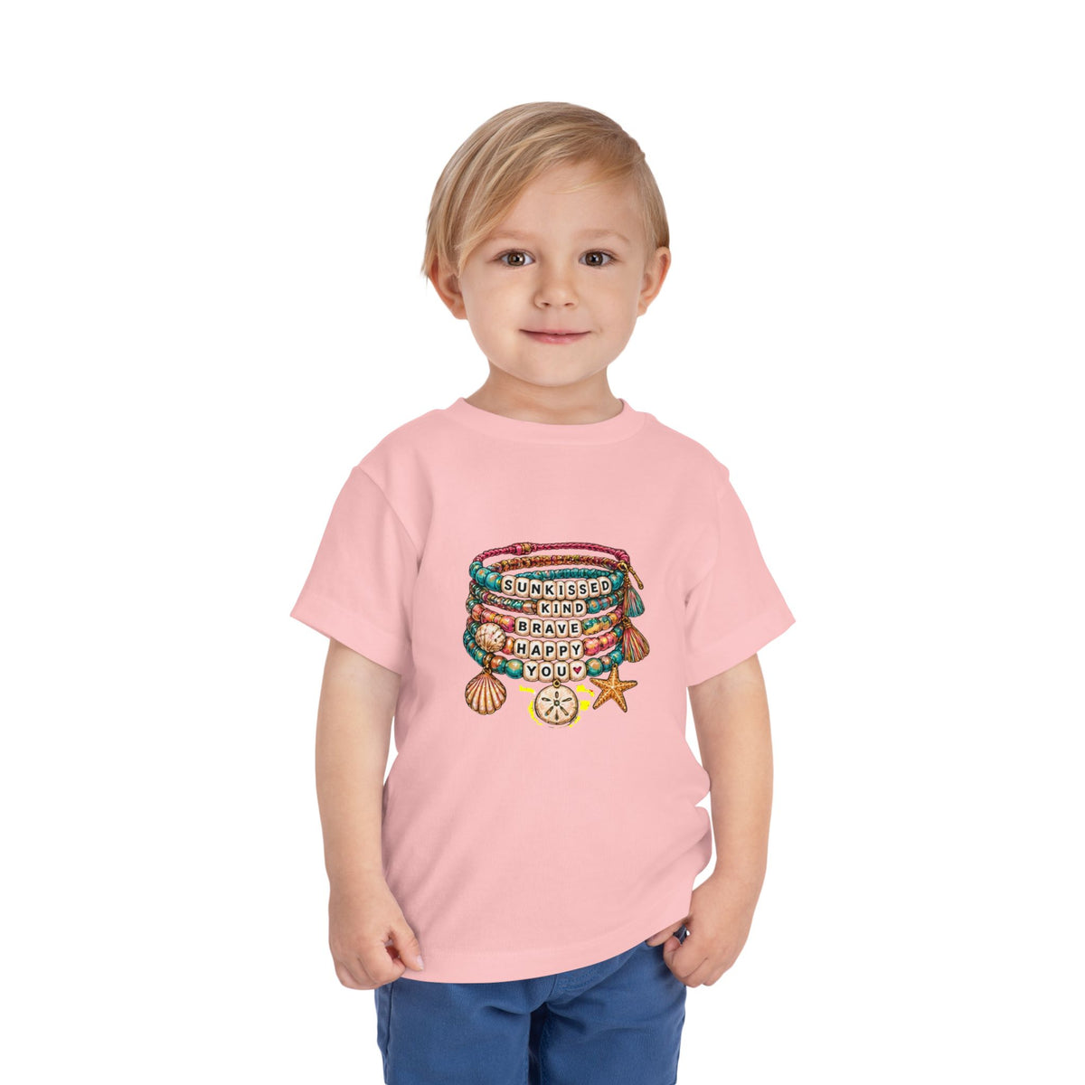 Toddler Tee — 'Sunkissed, Kind, Brave, Happy' Seashell Bracelet Graphic