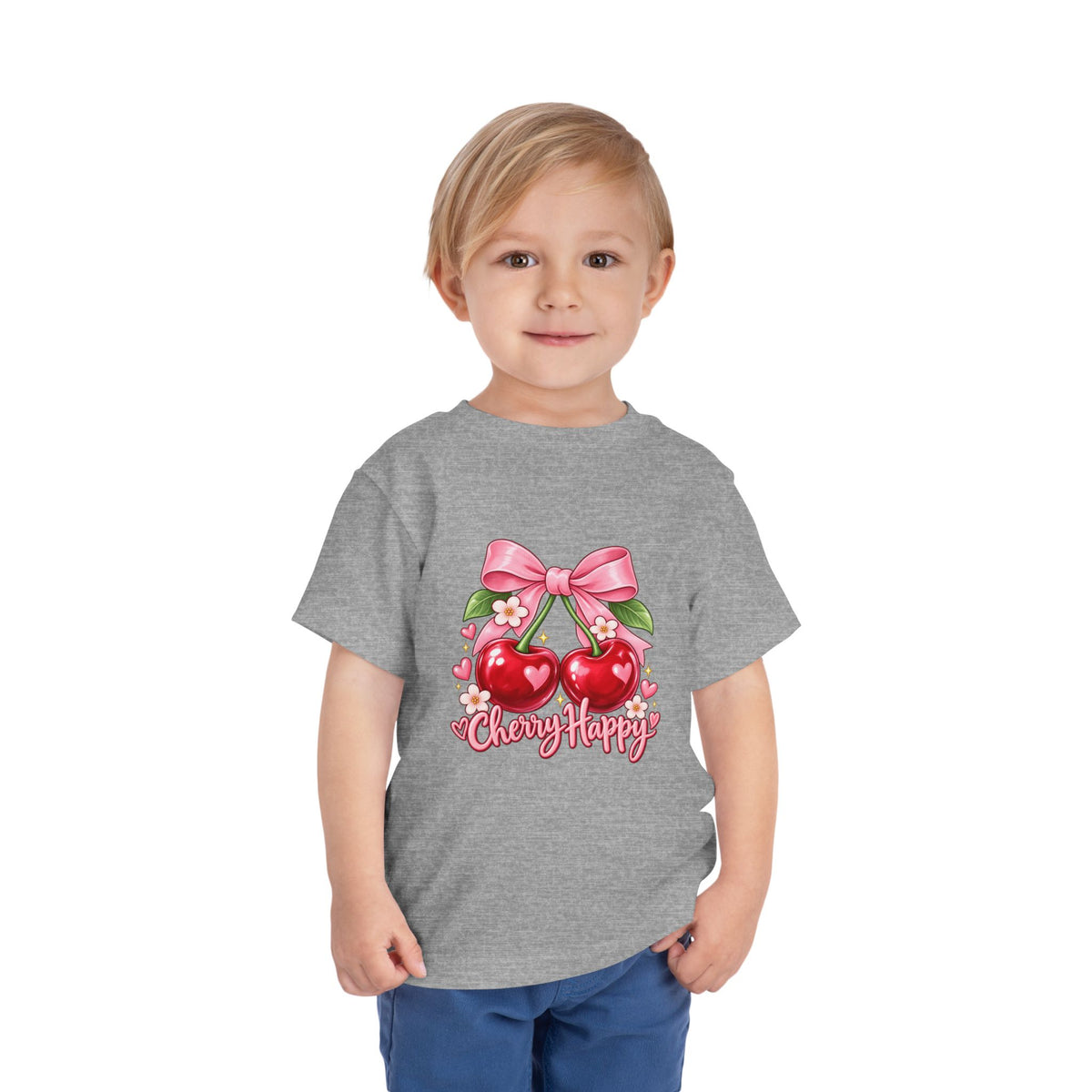 Toddler Cherry Happy Tee — Cute Pink Bow Cherries Kids Shirt