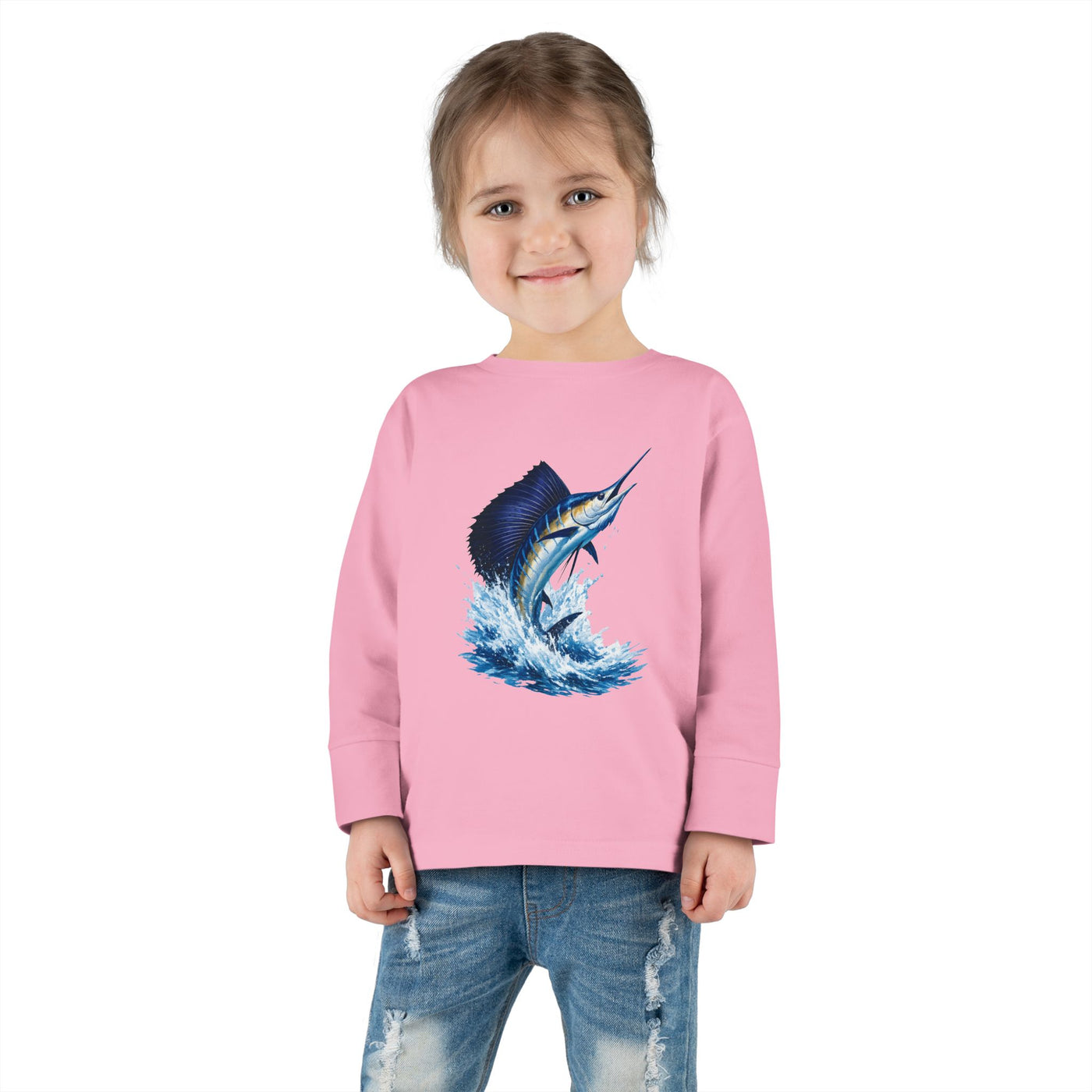 Toddler Long Sleeve Tee — Blue Marlin Jumping Graphic Kids Shirt (Fishing, Ocean, Nautical)
