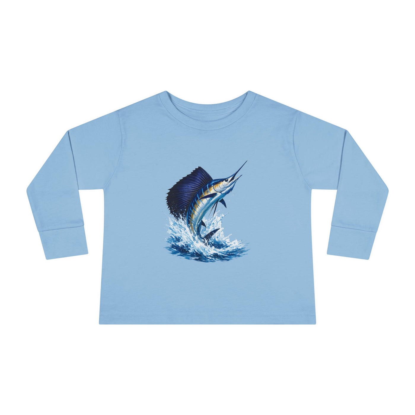 Toddler Long Sleeve Tee — Blue Marlin Jumping Graphic Kids Shirt (Fishing, Ocean, Nautical)