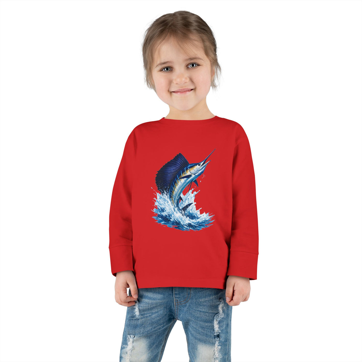 Toddler Long Sleeve Tee — Blue Marlin Jumping Graphic Kids Shirt (Fishing, Ocean, Nautical)