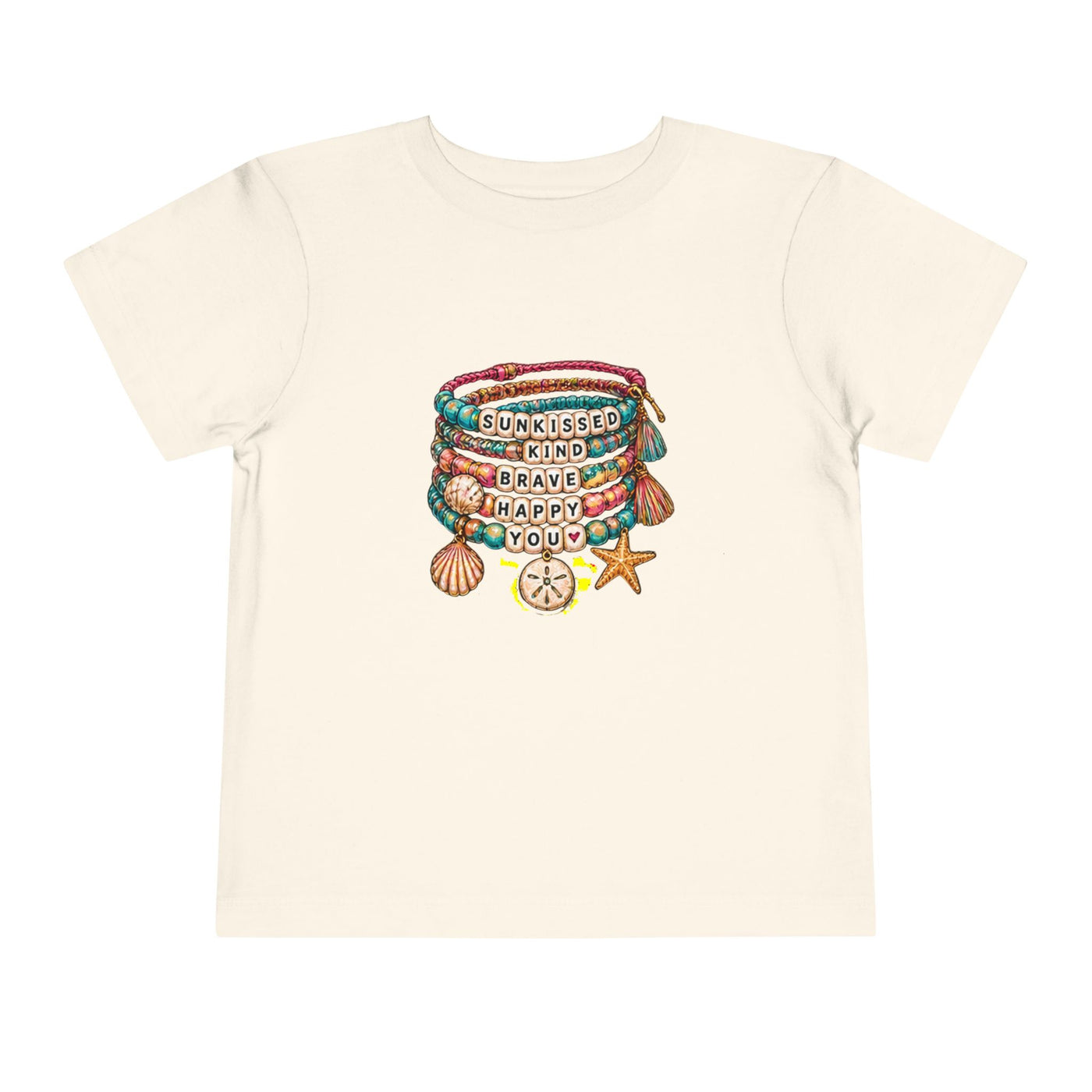 Toddler Tee — 'Sunkissed, Kind, Brave, Happy' Seashell Bracelet Graphic