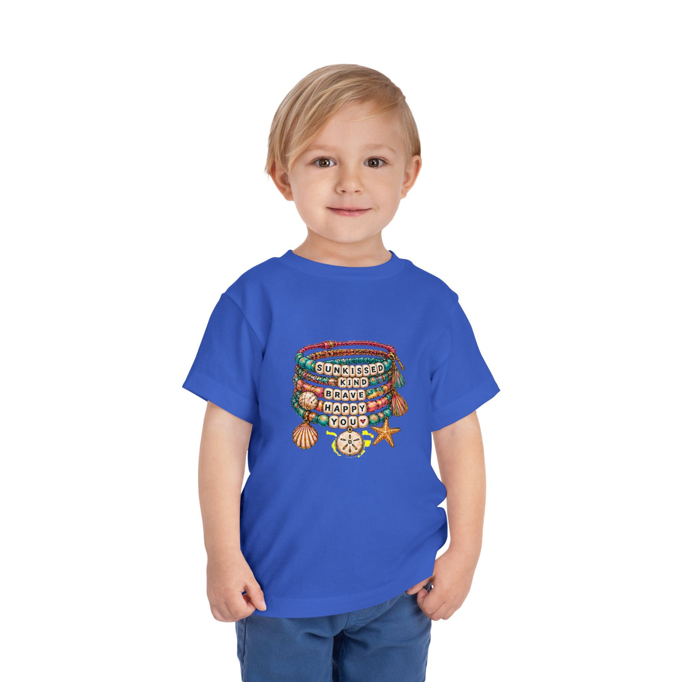 Toddler Tee — 'Sunkissed, Kind, Brave, Happy' Seashell Bracelet Graphic