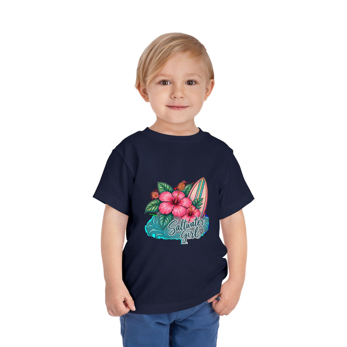Toddler Tee — "Saltwater Girl" Surf & Hibiscus Beach Graphic
