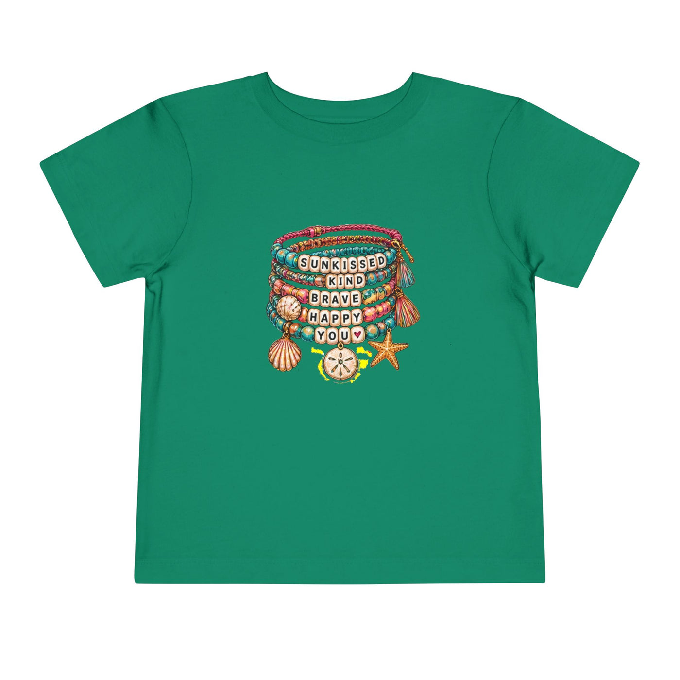 Toddler Tee — 'Sunkissed, Kind, Brave, Happy' Seashell Bracelet Graphic