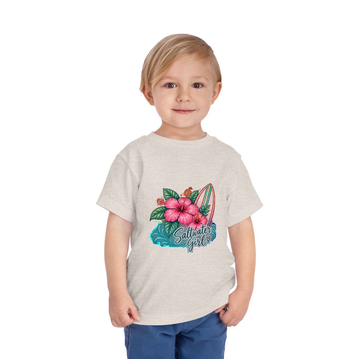 Toddler Tee — "Saltwater Girl" Surf & Hibiscus Beach Graphic