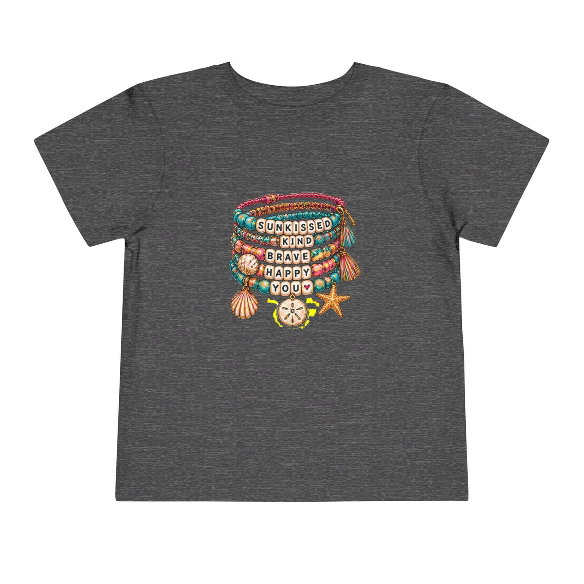 Toddler Tee — 'Sunkissed, Kind, Brave, Happy' Seashell Bracelet Graphic