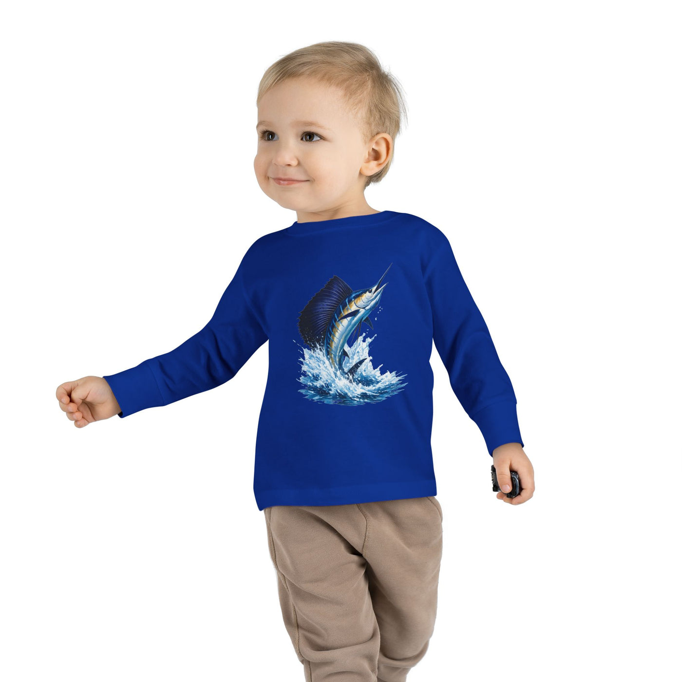 Toddler Long Sleeve Tee — Blue Marlin Jumping Graphic Kids Shirt (Fishing, Ocean, Nautical)