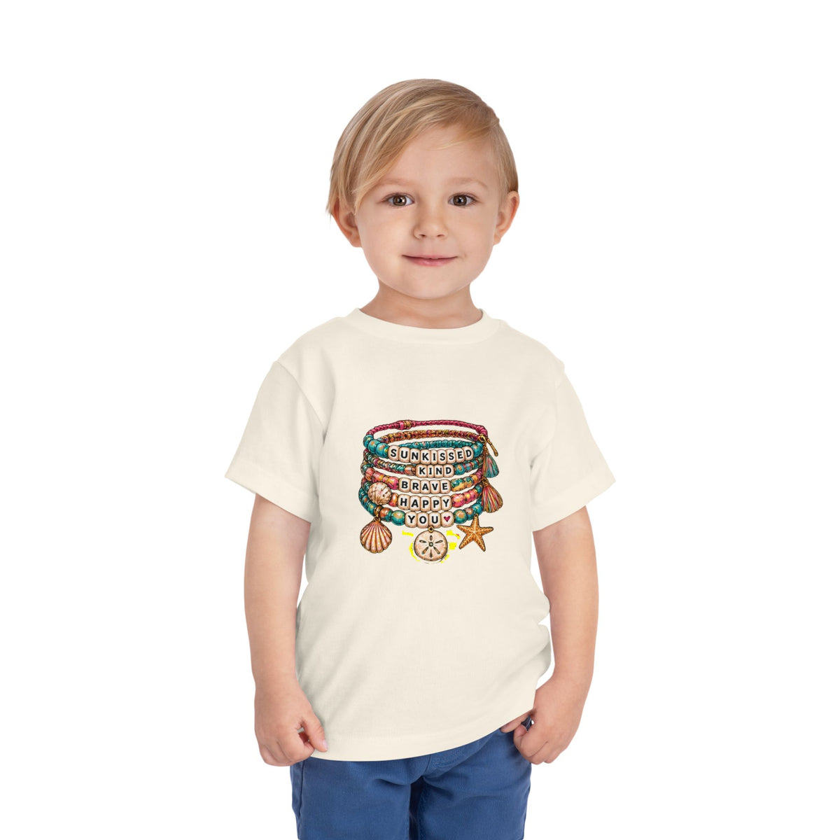 Toddler Tee — 'Sunkissed, Kind, Brave, Happy' Seashell Bracelet Graphic