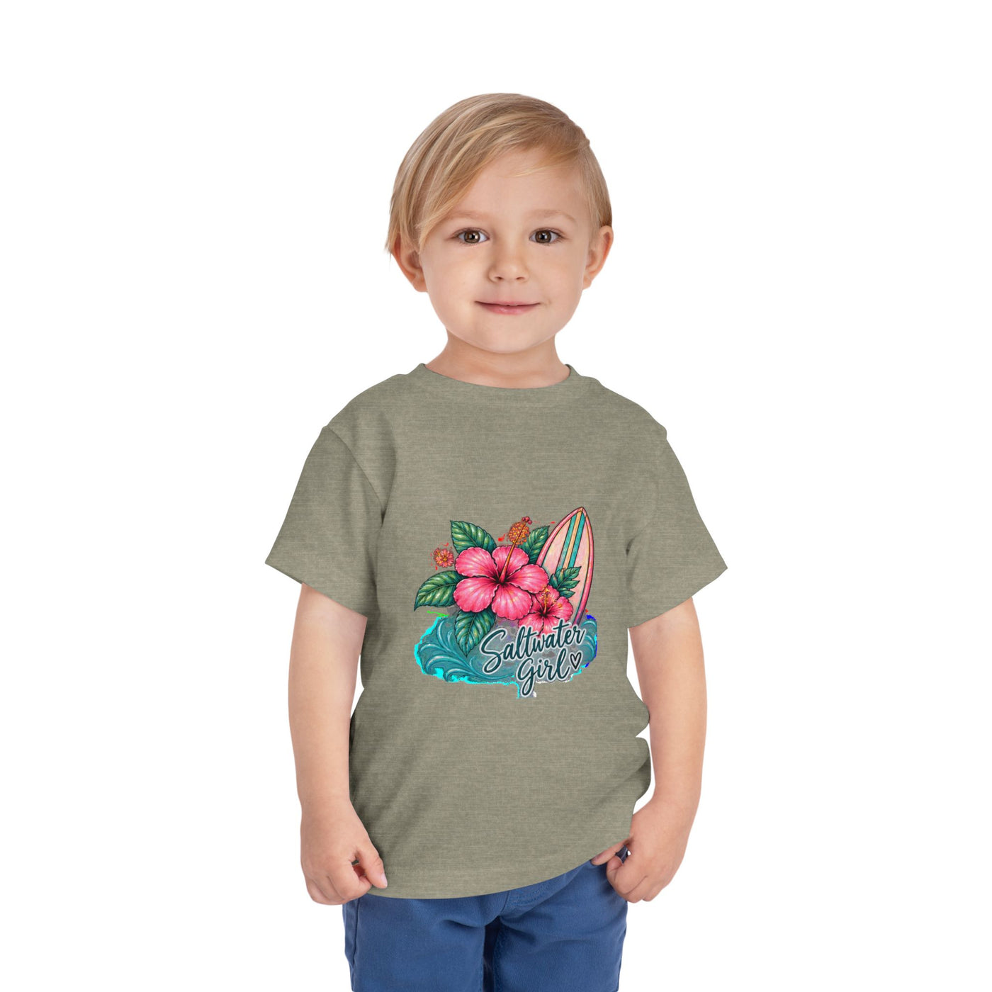 Toddler Tee — "Saltwater Girl" Surf & Hibiscus Beach Graphic