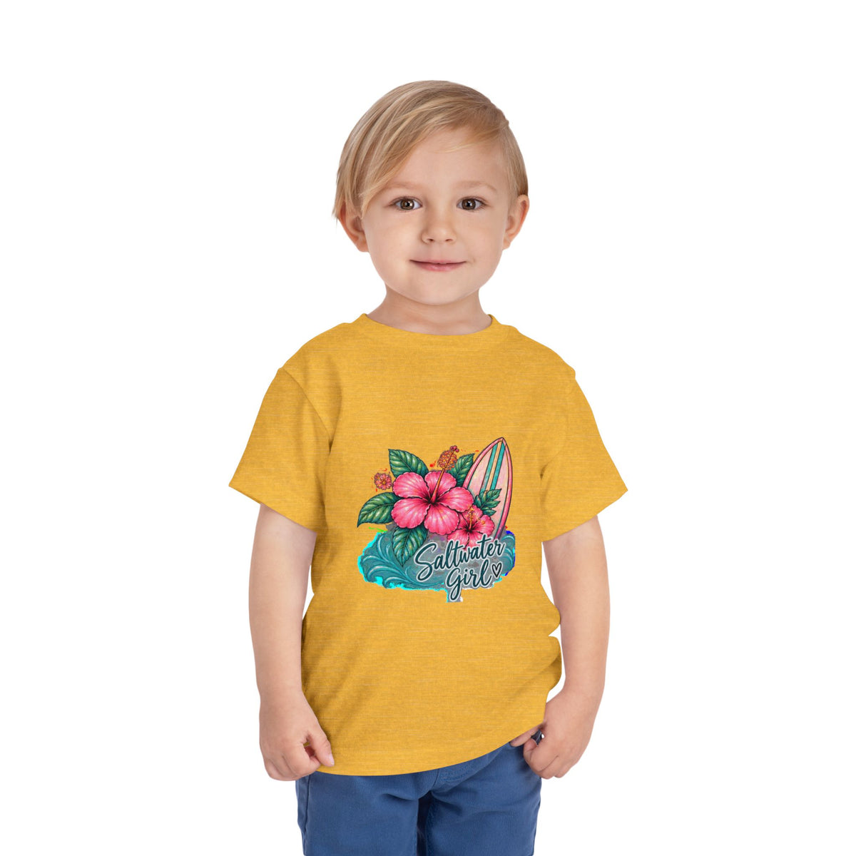 Toddler Tee — "Saltwater Girl" Surf & Hibiscus Beach Graphic