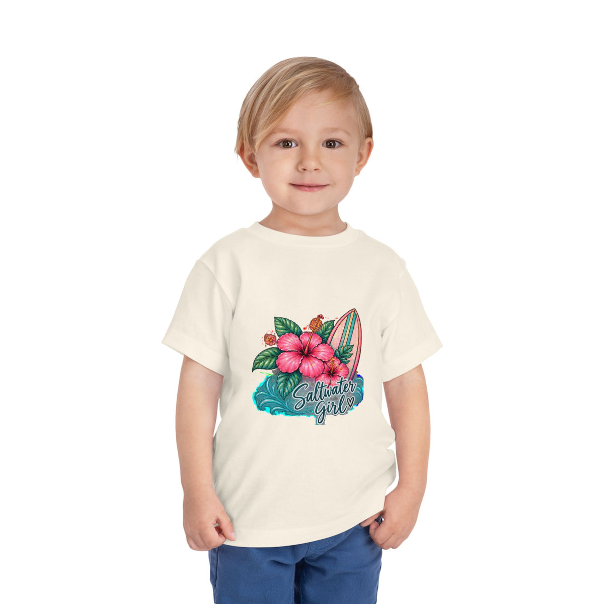 Toddler Tee — "Saltwater Girl" Surf & Hibiscus Beach Graphic