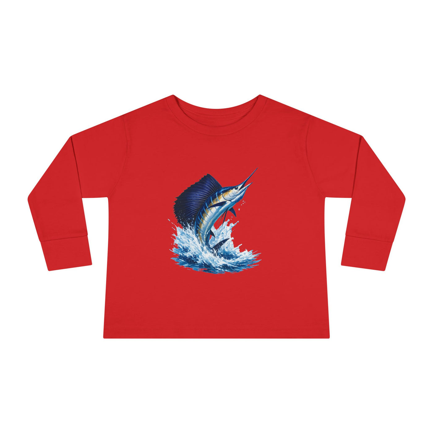 Toddler Long Sleeve Tee — Blue Marlin Jumping Graphic Kids Shirt (Fishing, Ocean, Nautical)
