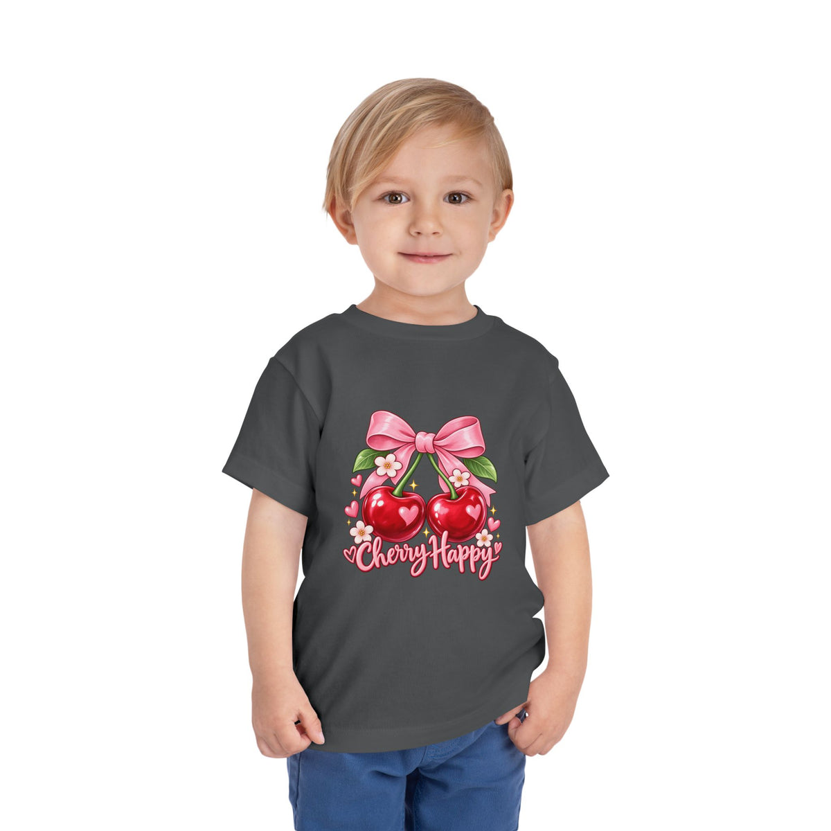 Toddler Cherry Happy Tee — Cute Pink Bow Cherries Kids Shirt