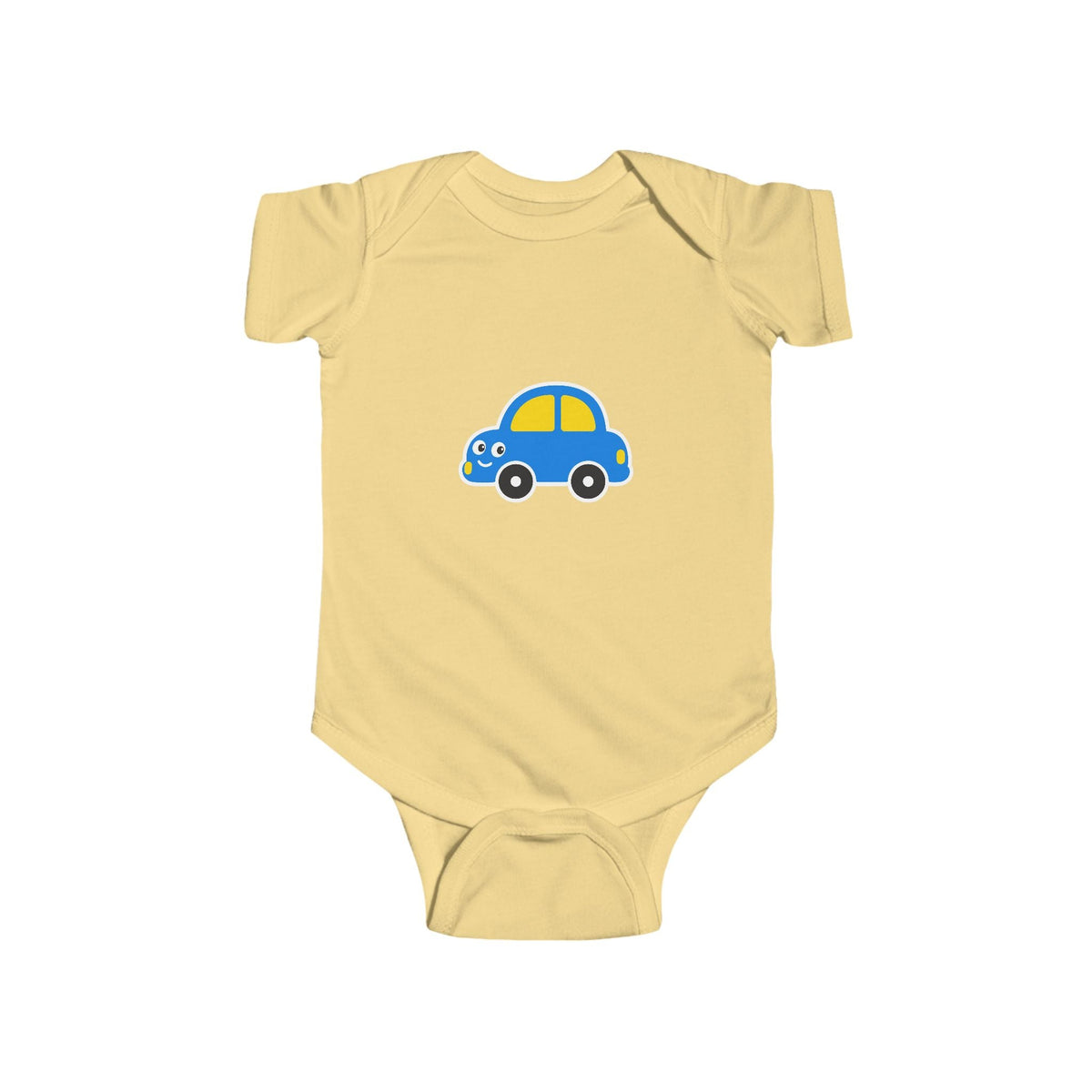 Baby Car Bodysuit – Cute Blue & Yellow Car Infant Onesie - Front Patch Kids Co.