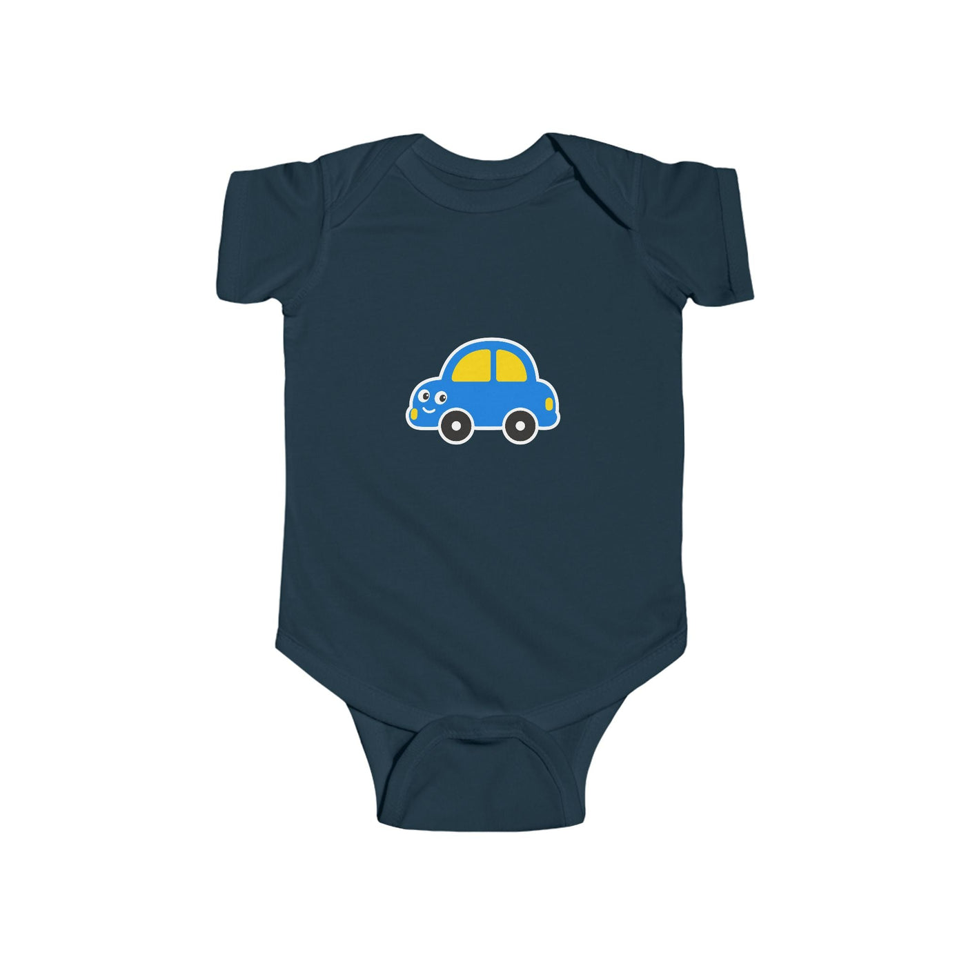 Baby Car Bodysuit – Cute Blue & Yellow Car Infant Onesie - Front Patch Kids Co.
