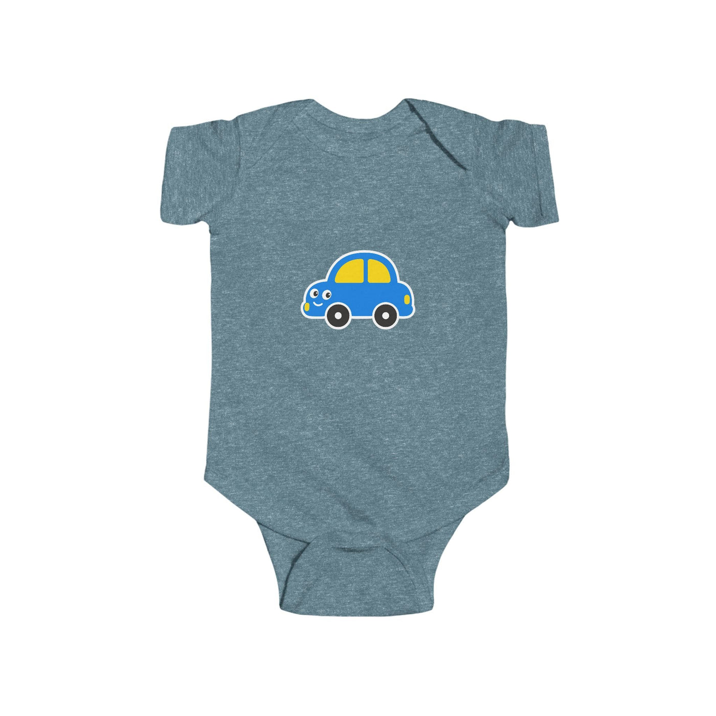 Baby Car Bodysuit – Cute Blue & Yellow Car Infant Onesie - Front Patch Kids Co.