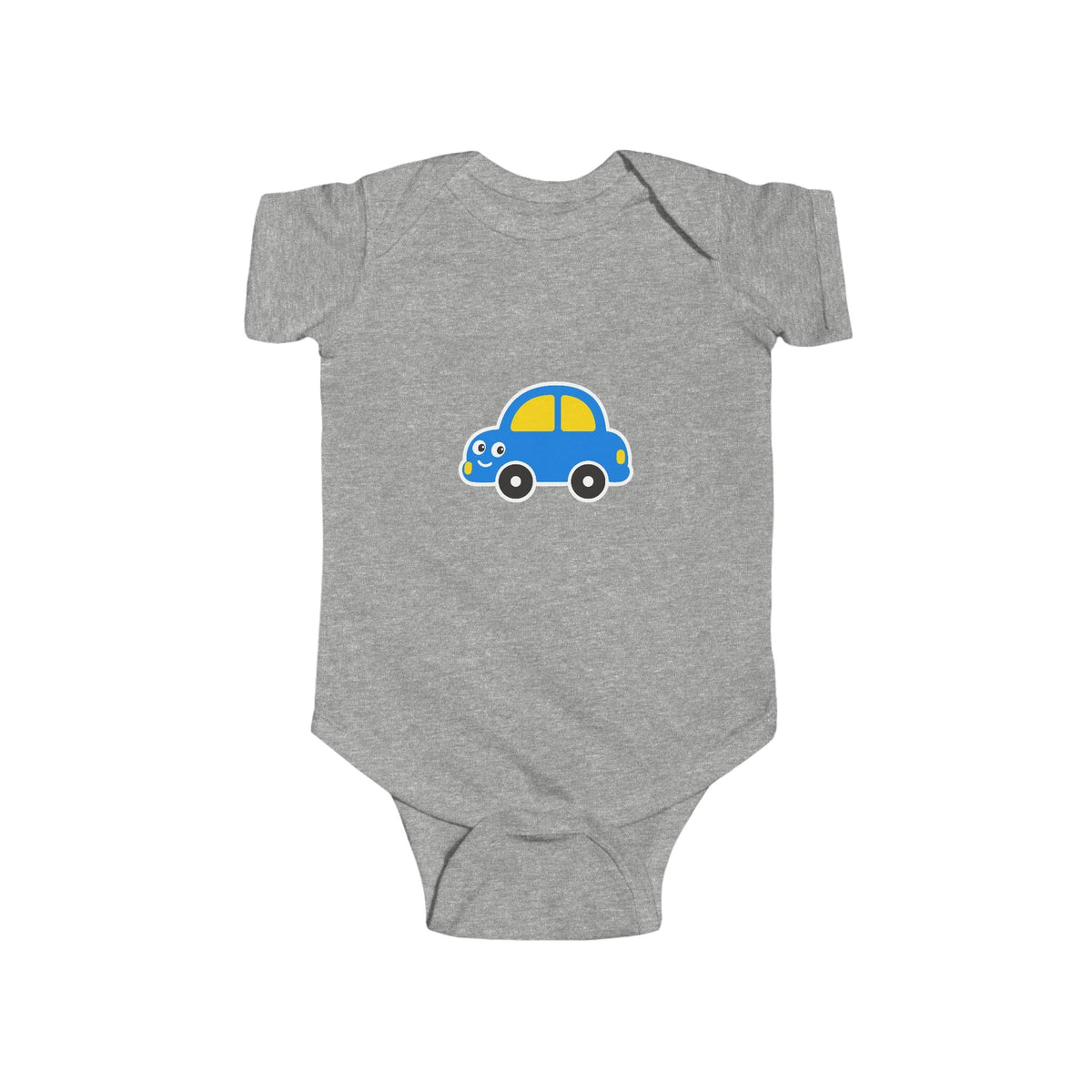 Baby Car Bodysuit – Cute Blue & Yellow Car Infant Onesie - Front Patch Kids Co.