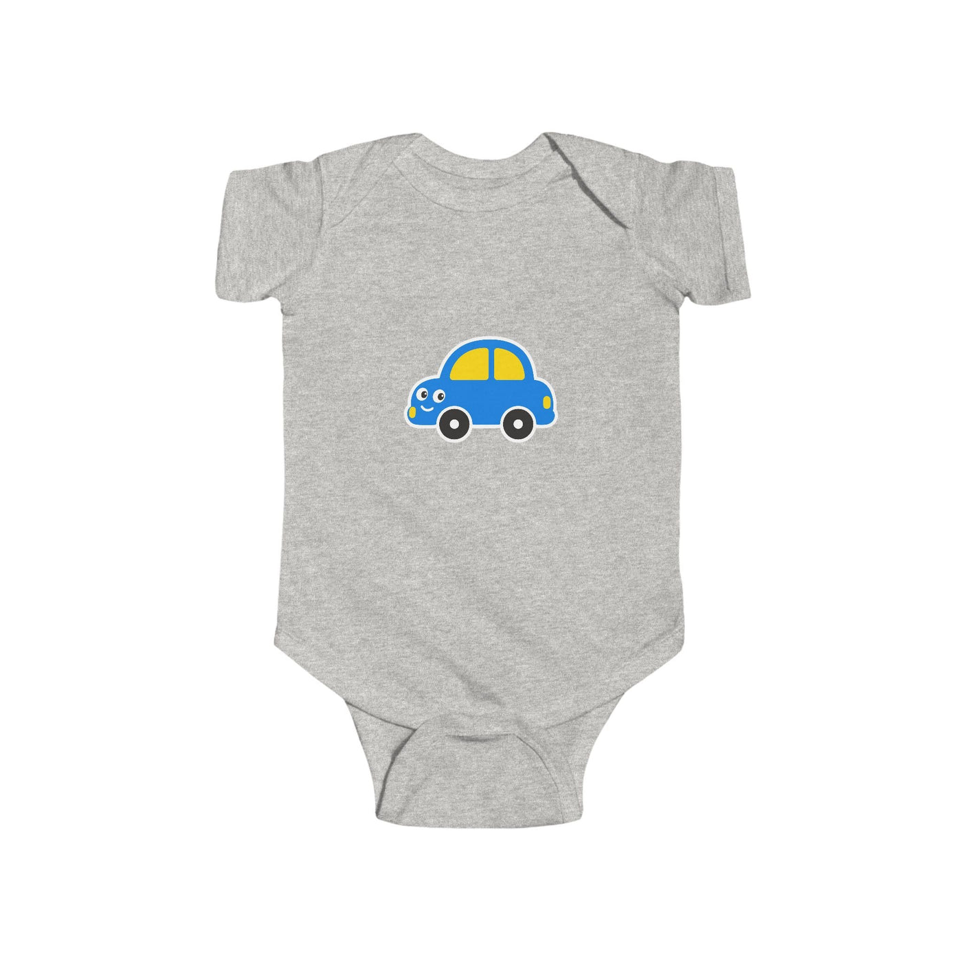 Baby Car Bodysuit – Cute Blue & Yellow Car Infant Onesie - Front Patch Kids Co.