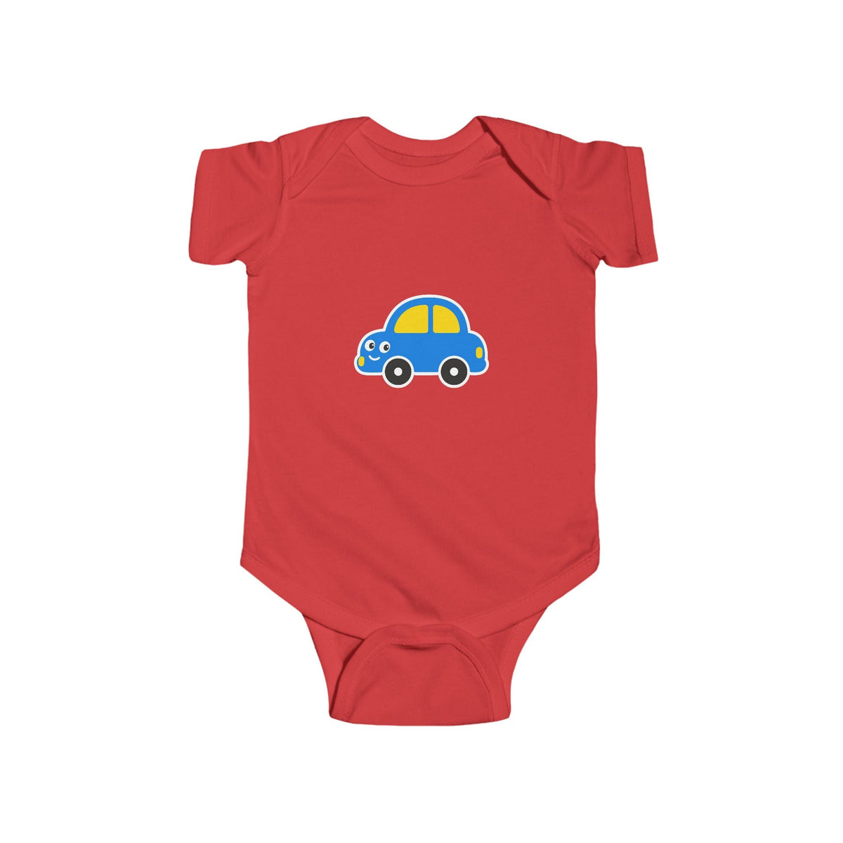 Baby Car Bodysuit – Cute Blue & Yellow Car Infant Onesie - Front Patch Kids Co.