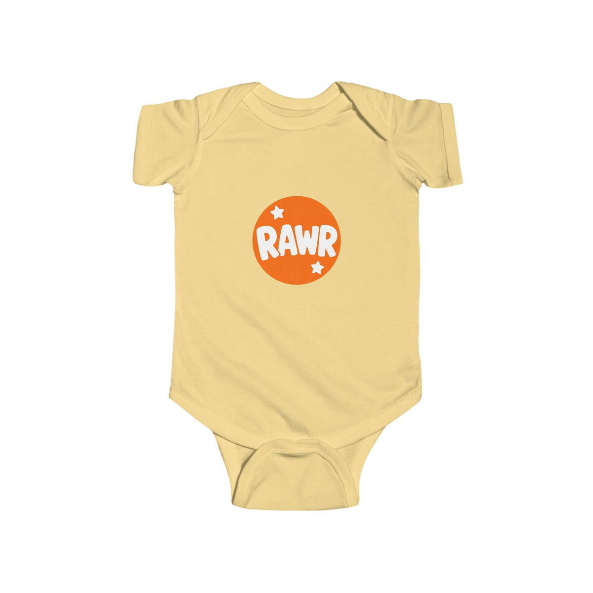 Infant Bodysuit — "RAWR" Orange Circle Baby Onesie, Cute Dinosaur/Nursery Gift - Front Patch Kids Co.