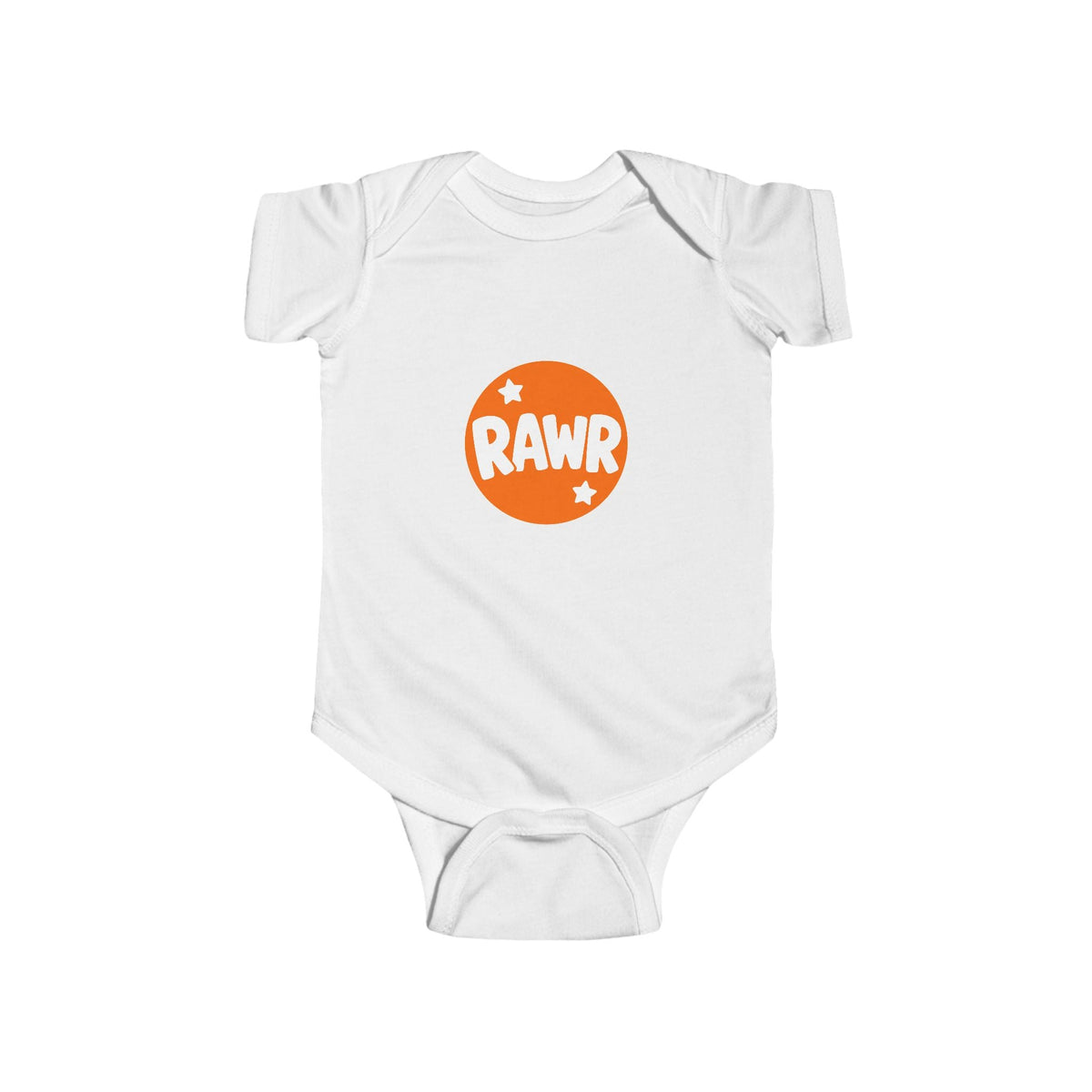 Infant Bodysuit — "RAWR" Orange Circle Baby Onesie, Cute Dinosaur/Nursery Gift - Front Patch Kids Co.