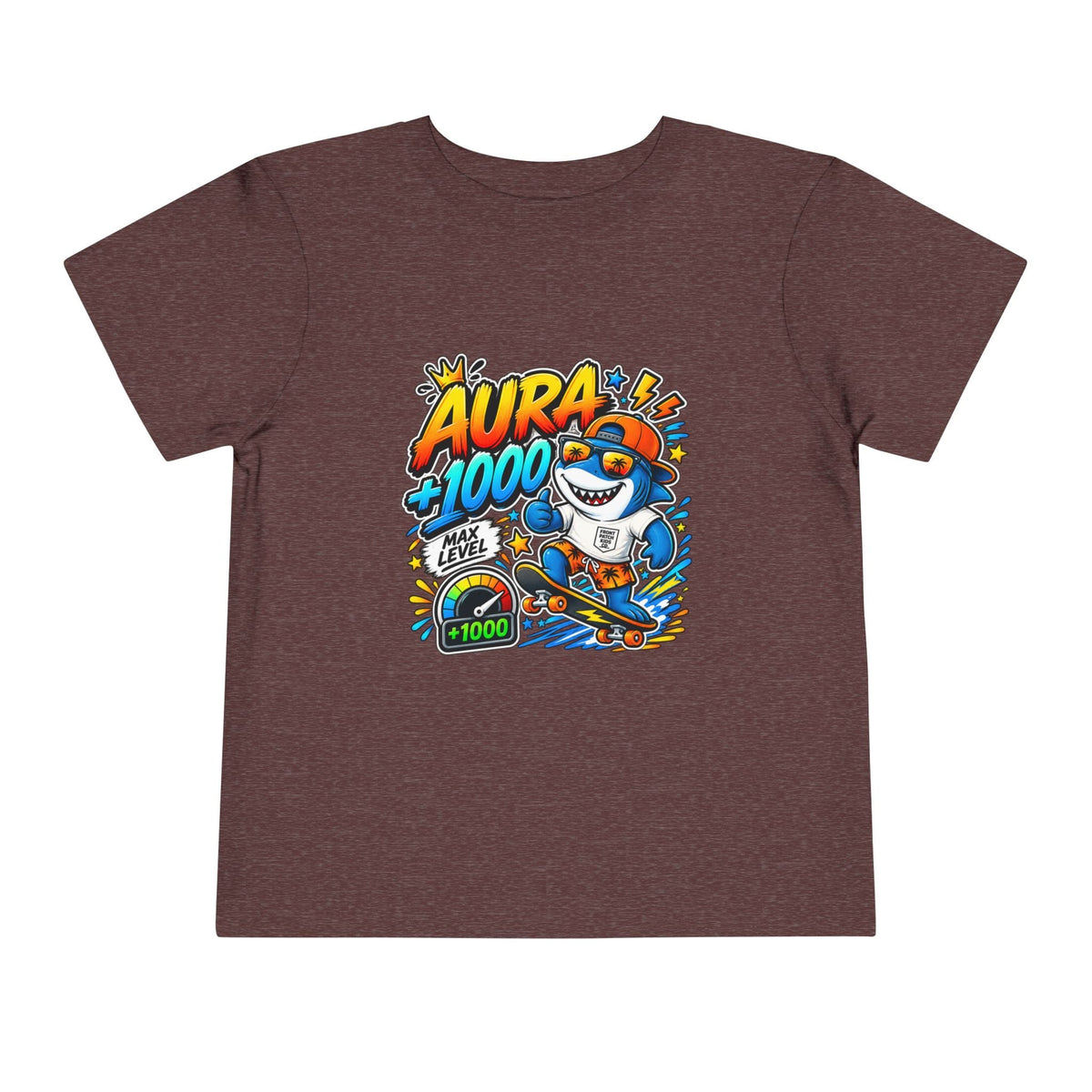 Toddler Tee — 'Aura +1000' Skateboard Shark Graphic Shirt - Front Patch Kids Co.