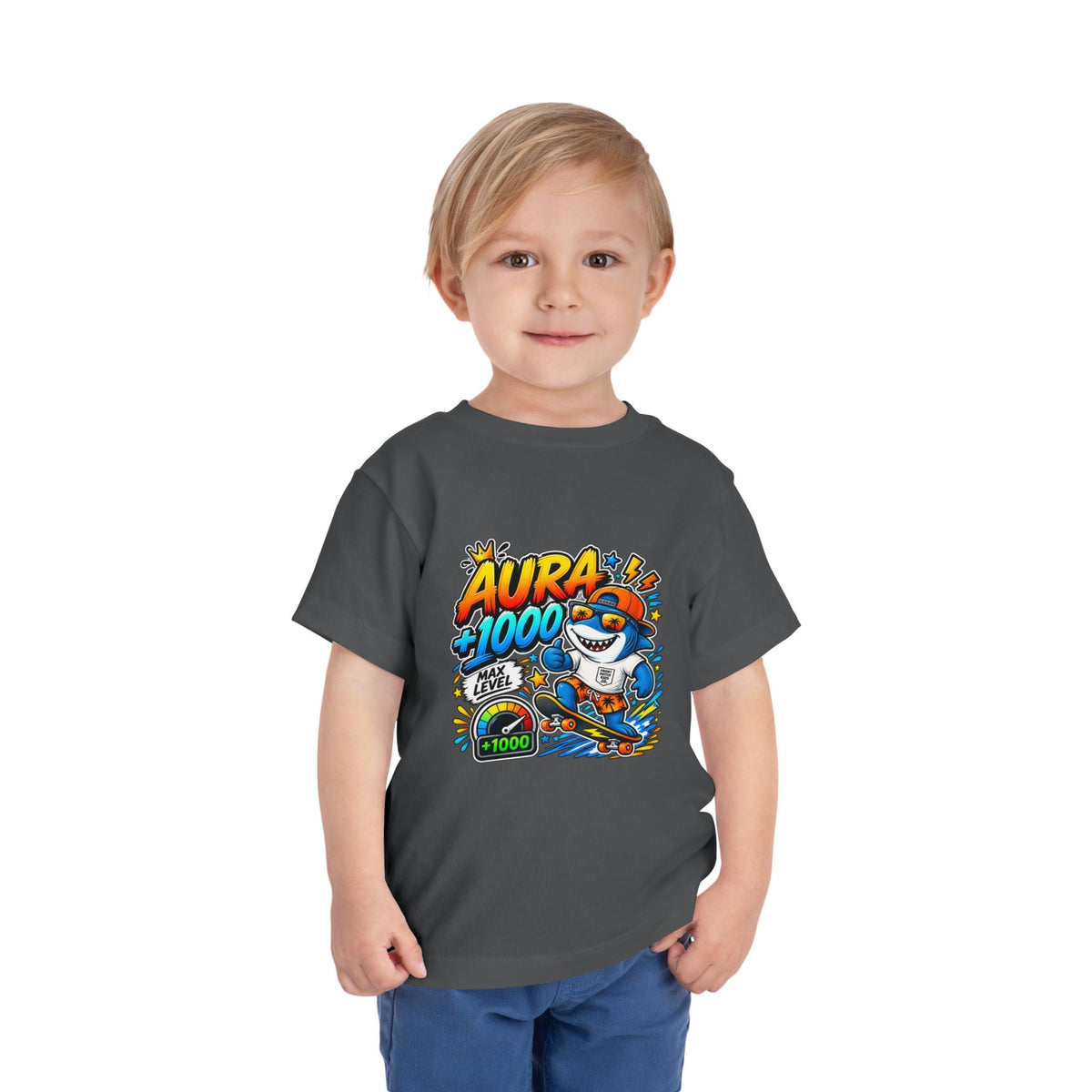 Toddler Tee — 'Aura +1000' Skateboard Shark Graphic Shirt - Front Patch Kids Co.