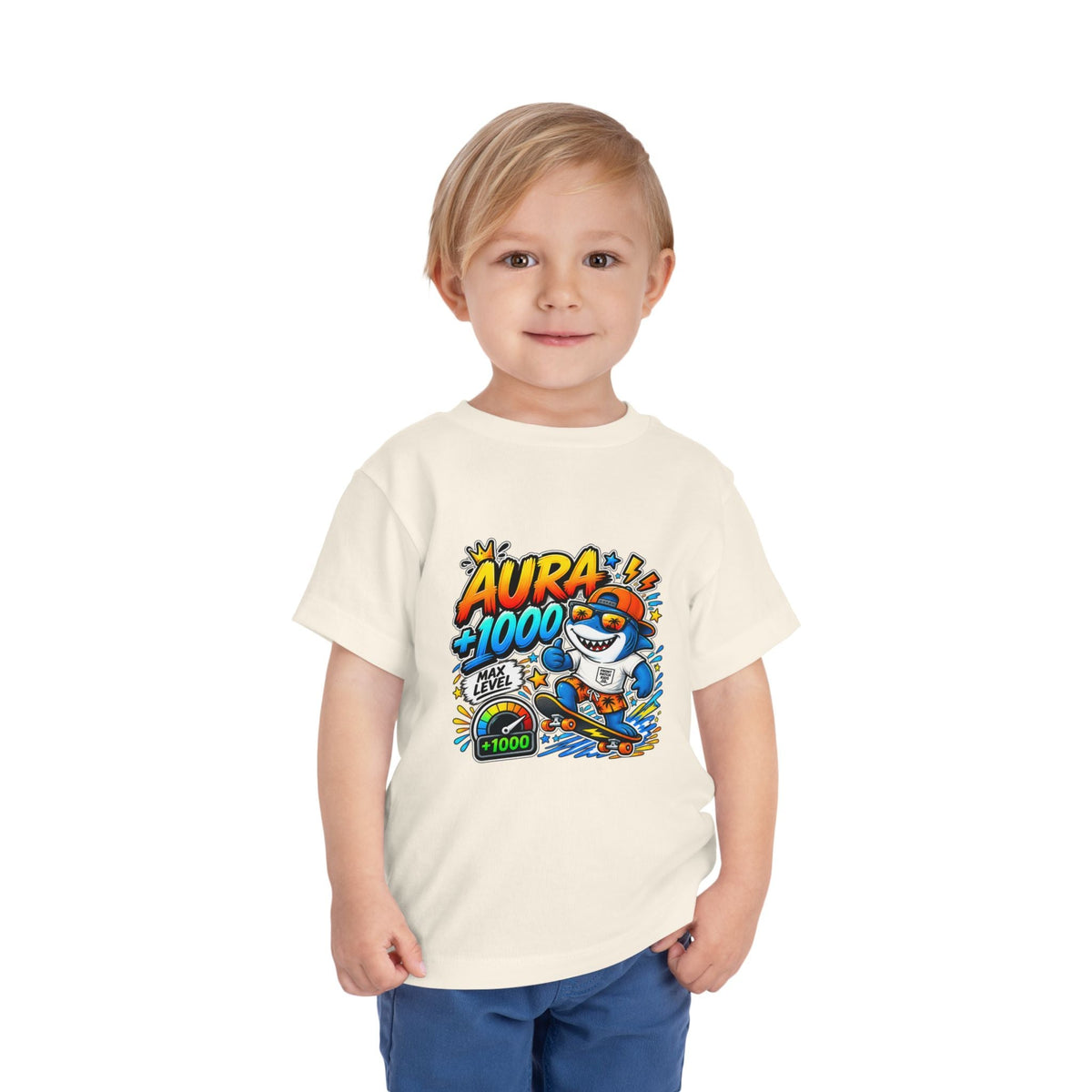 Toddler Tee — 'Aura +1000' Skateboard Shark Graphic Shirt - Front Patch Kids Co.