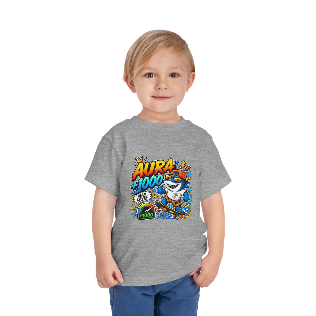 Toddler Tee — 'Aura +1000' Skateboard Shark Graphic Shirt - Front Patch Kids Co.