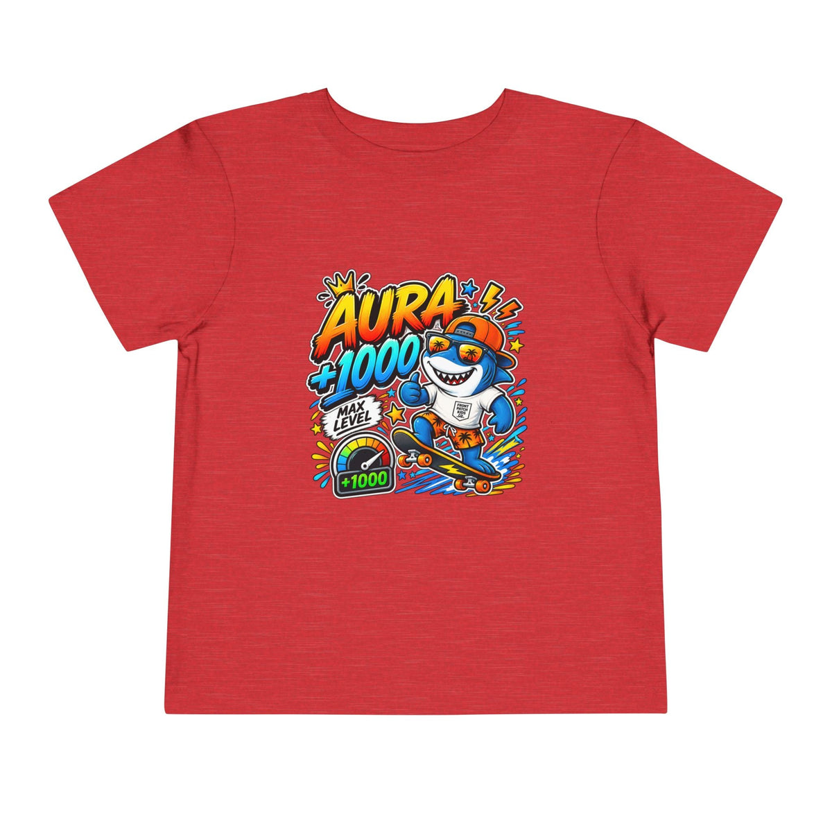 Toddler Tee — 'Aura +1000' Skateboard Shark Graphic Shirt - Front Patch Kids Co.