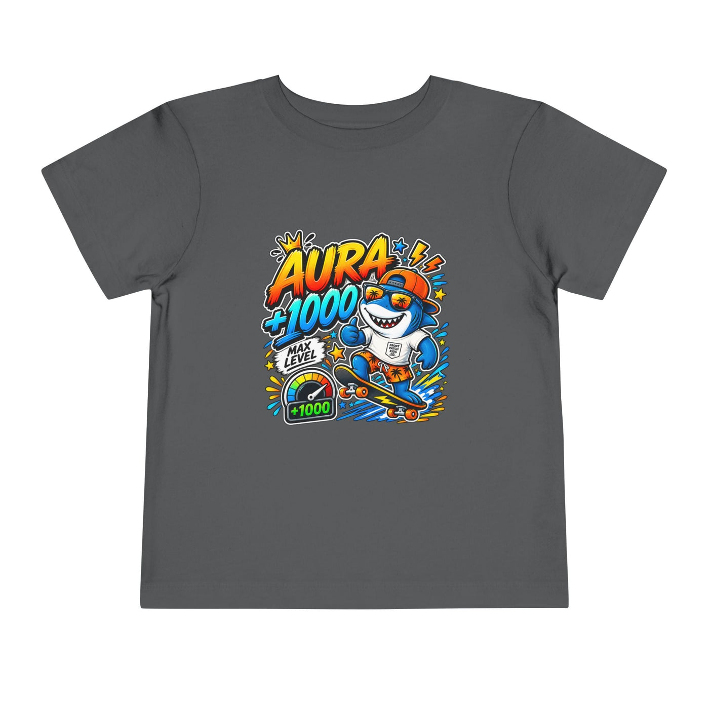 Toddler Tee — 'Aura +1000' Skateboard Shark Graphic Shirt - Front Patch Kids Co.