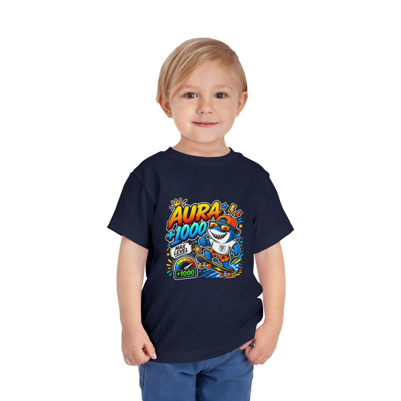 Toddler Tee — 'Aura +1000' Skateboard Shark Graphic Shirt - Front Patch Kids Co.