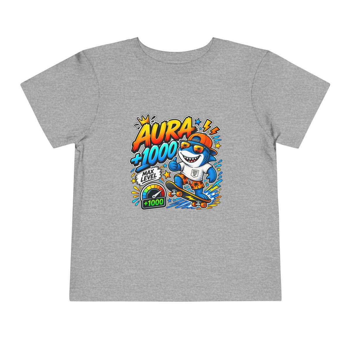 Toddler Tee — 'Aura +1000' Skateboard Shark Graphic Shirt - Front Patch Kids Co.