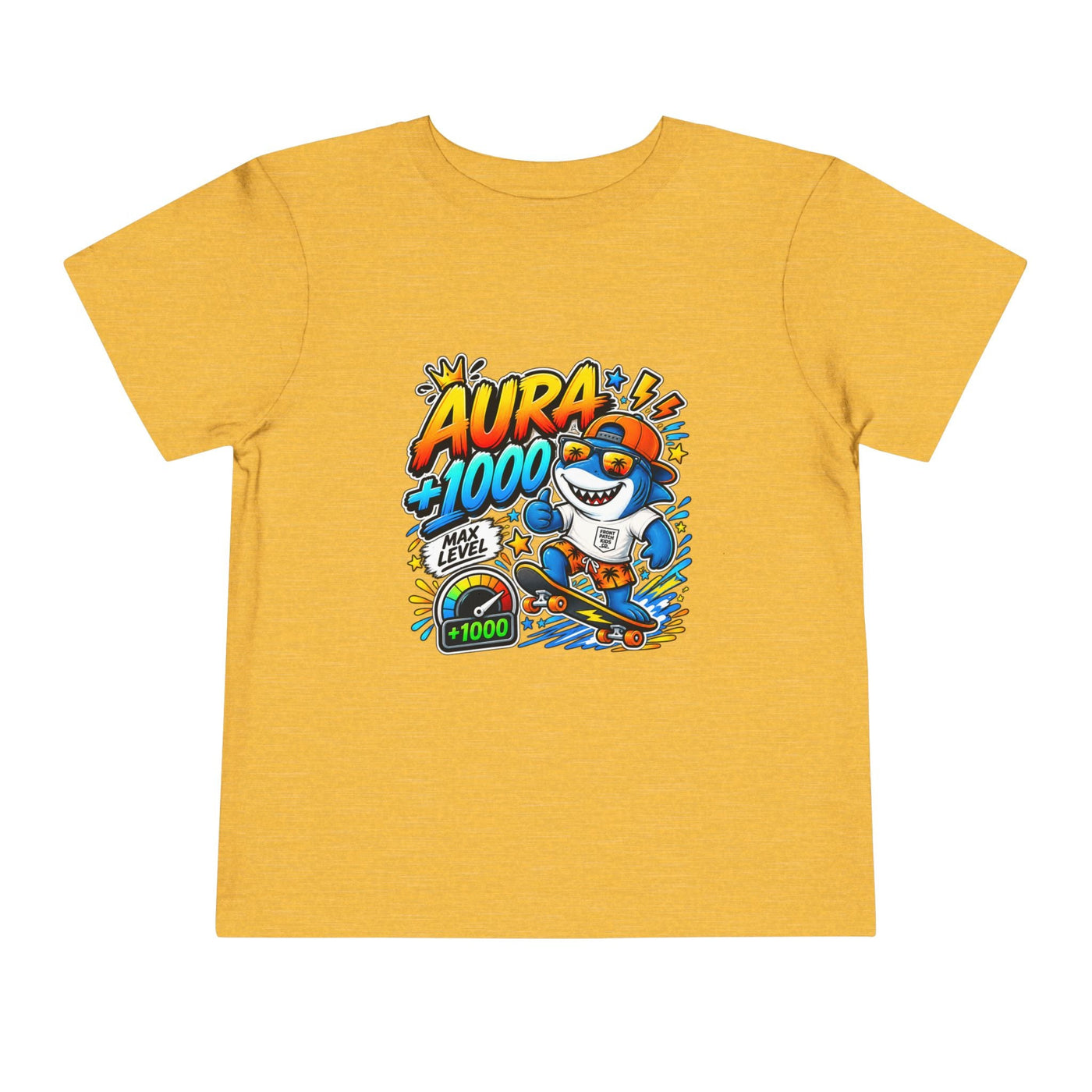 Toddler Tee — 'Aura +1000' Skateboard Shark Graphic Shirt - Front Patch Kids Co.