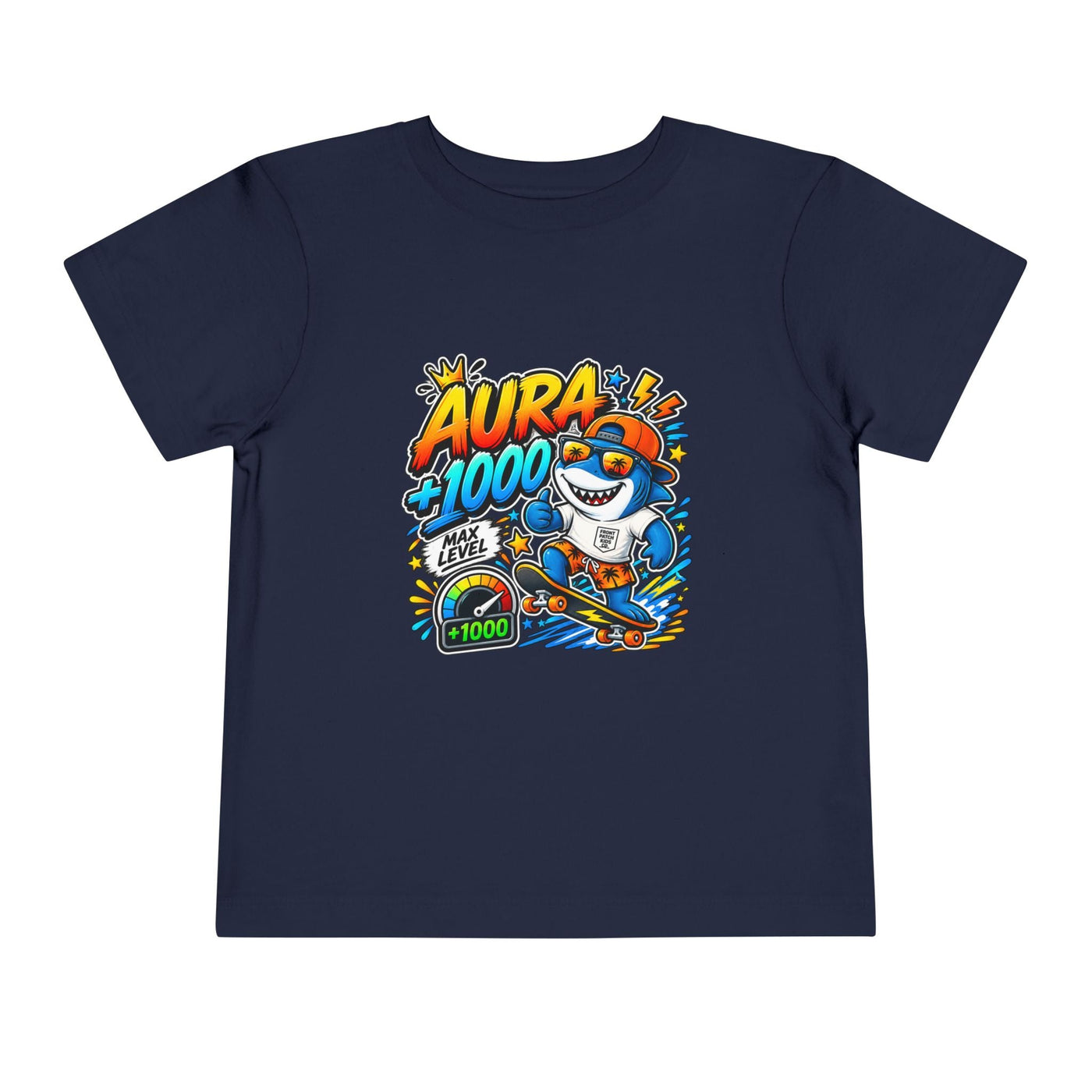 Toddler Tee — 'Aura +1000' Skateboard Shark Graphic Shirt - Front Patch Kids Co.