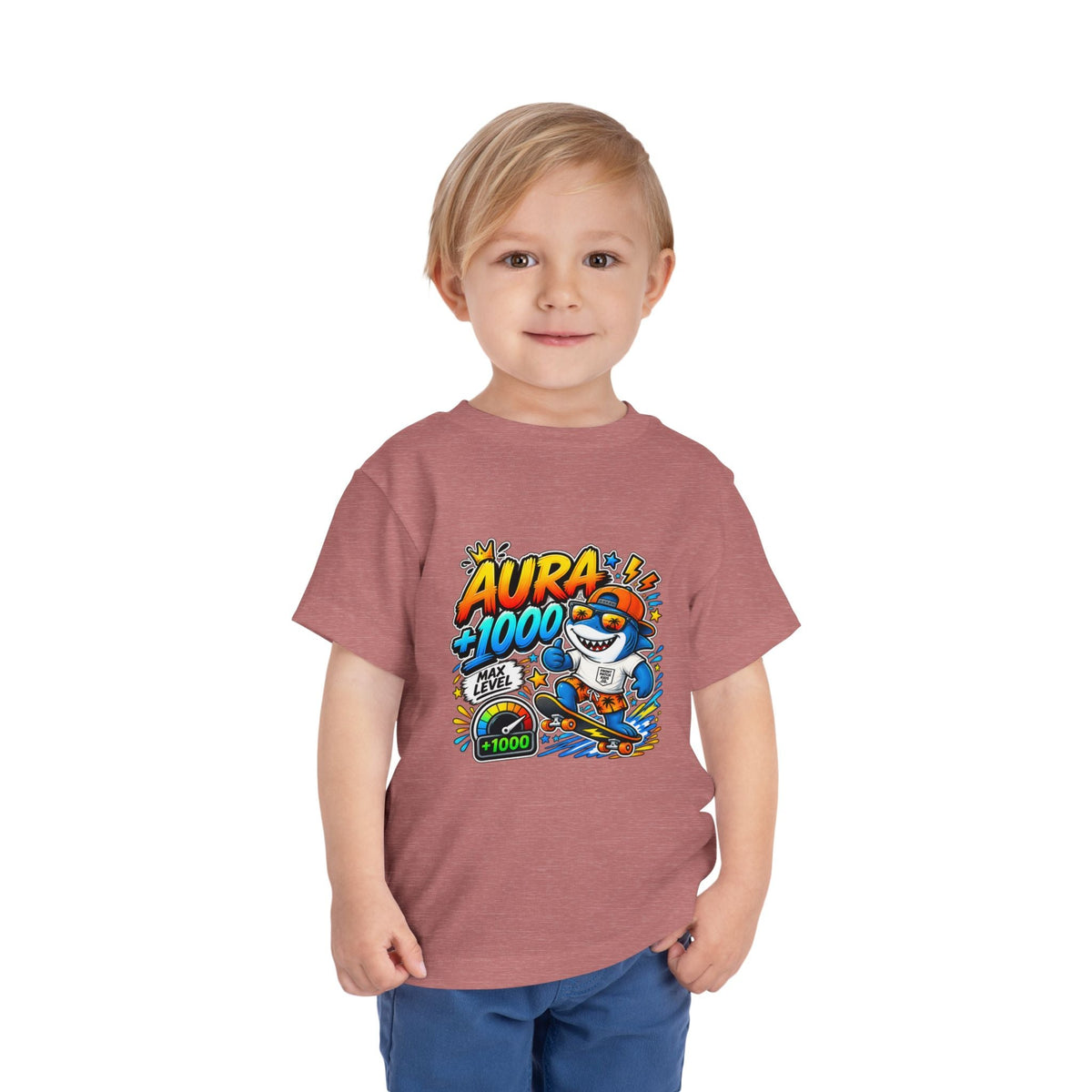 Toddler Tee — 'Aura +1000' Skateboard Shark Graphic Shirt - Front Patch Kids Co.