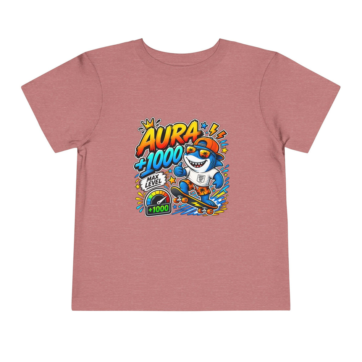 Toddler Tee — 'Aura +1000' Skateboard Shark Graphic Shirt - Front Patch Kids Co.