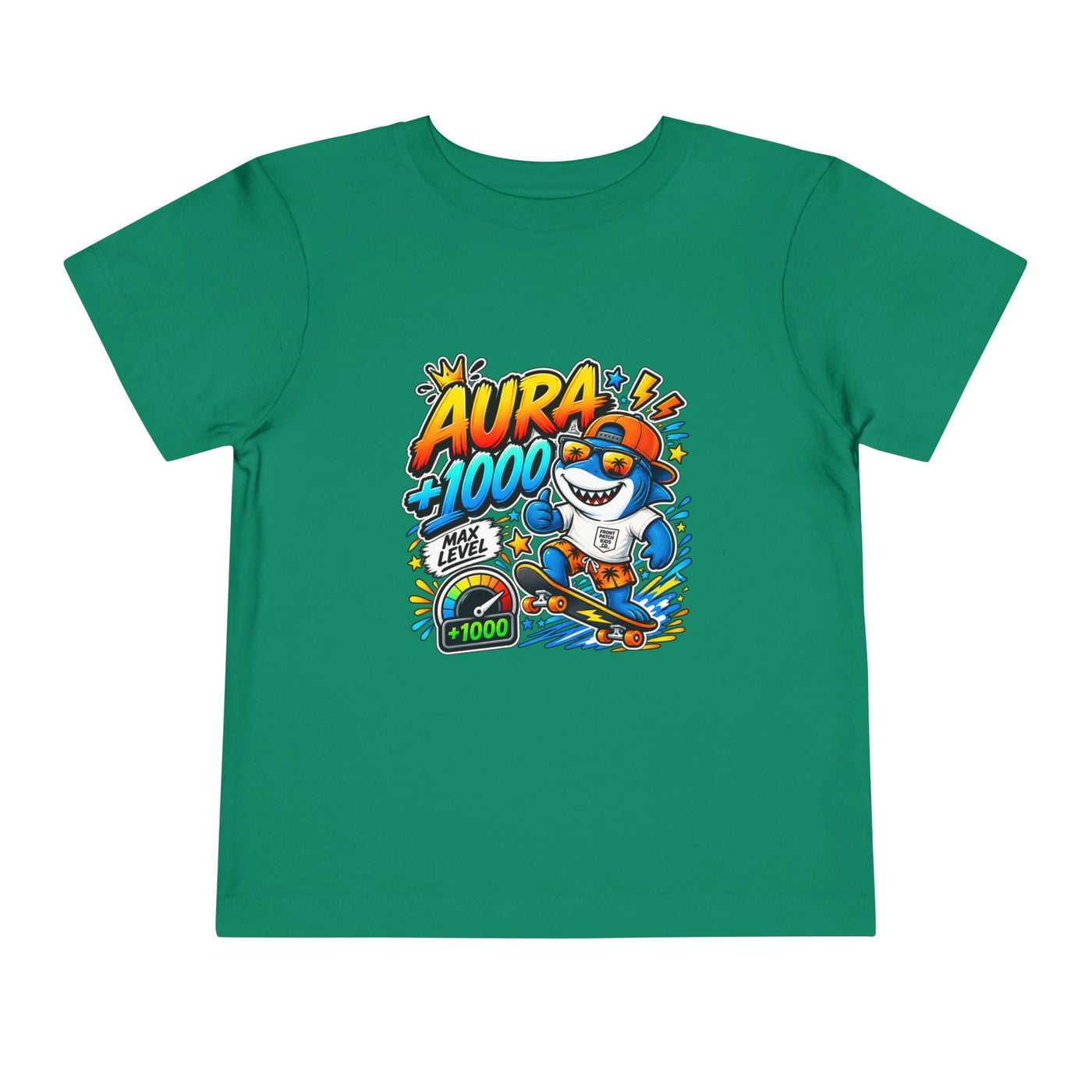 Toddler Tee — 'Aura +1000' Skateboard Shark Graphic Shirt - Front Patch Kids Co.