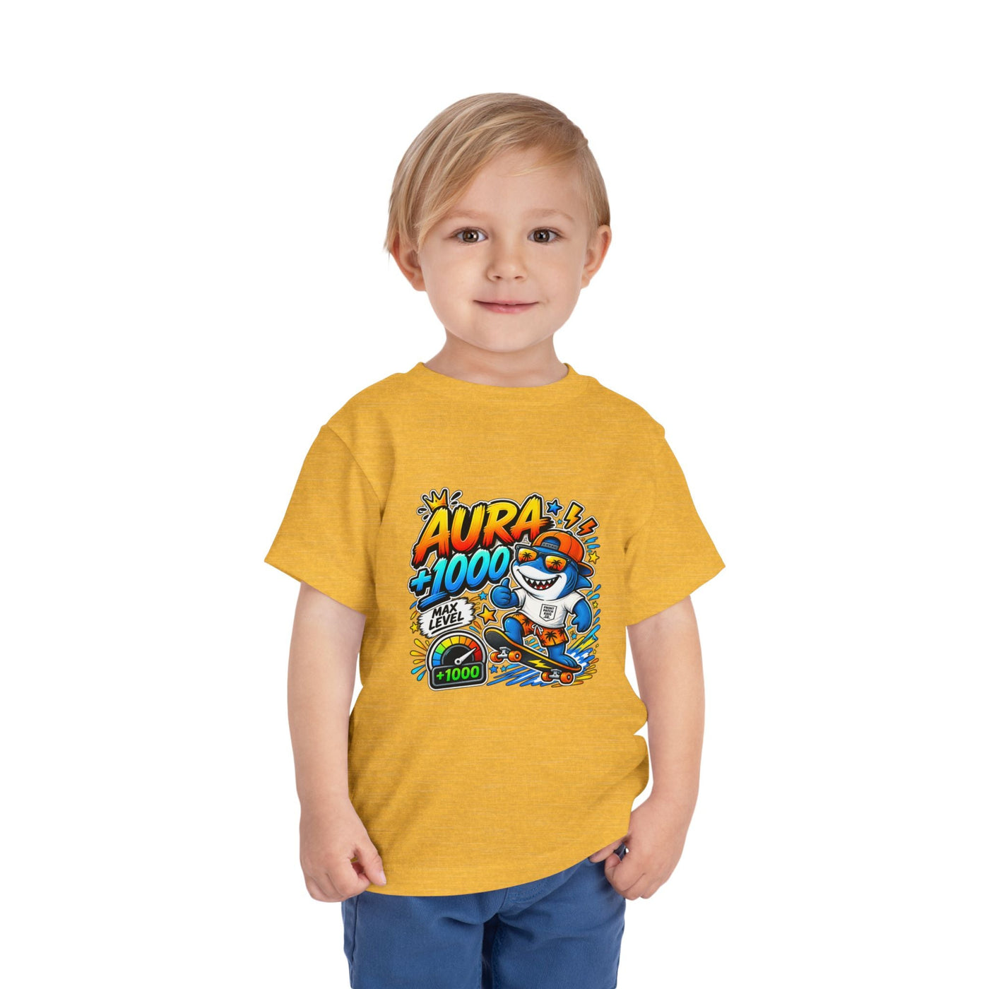 Toddler Tee — 'Aura +1000' Skateboard Shark Graphic Shirt - Front Patch Kids Co.