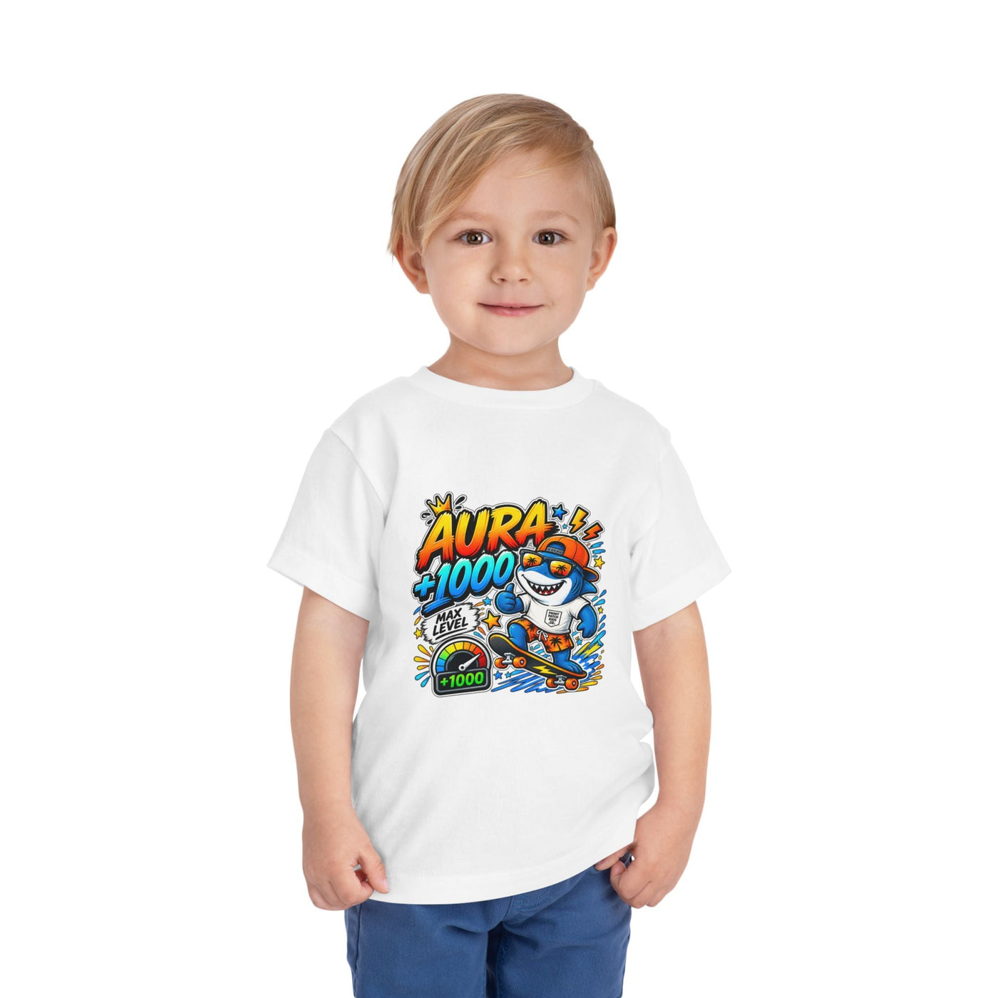 Toddler Tee — 'Aura +1000' Skateboard Shark Graphic Shirt - Front Patch Kids Co.