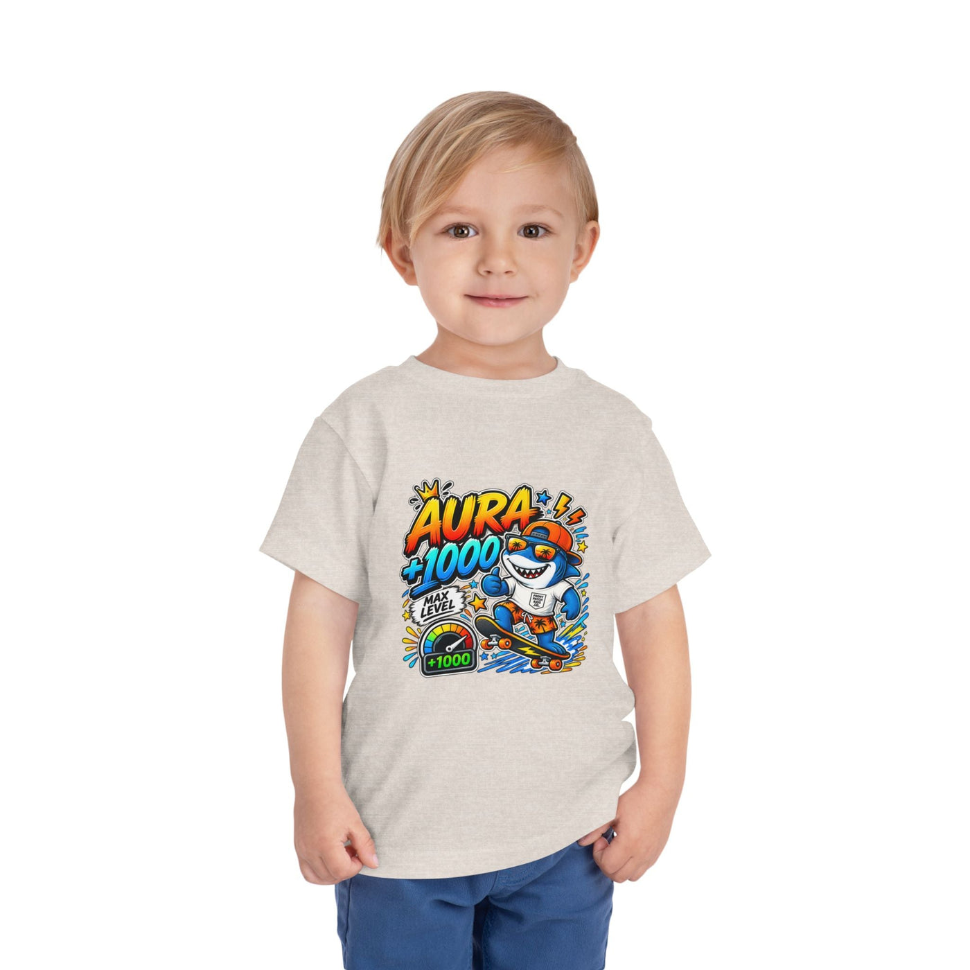 Toddler Tee — 'Aura +1000' Skateboard Shark Graphic Shirt - Front Patch Kids Co.